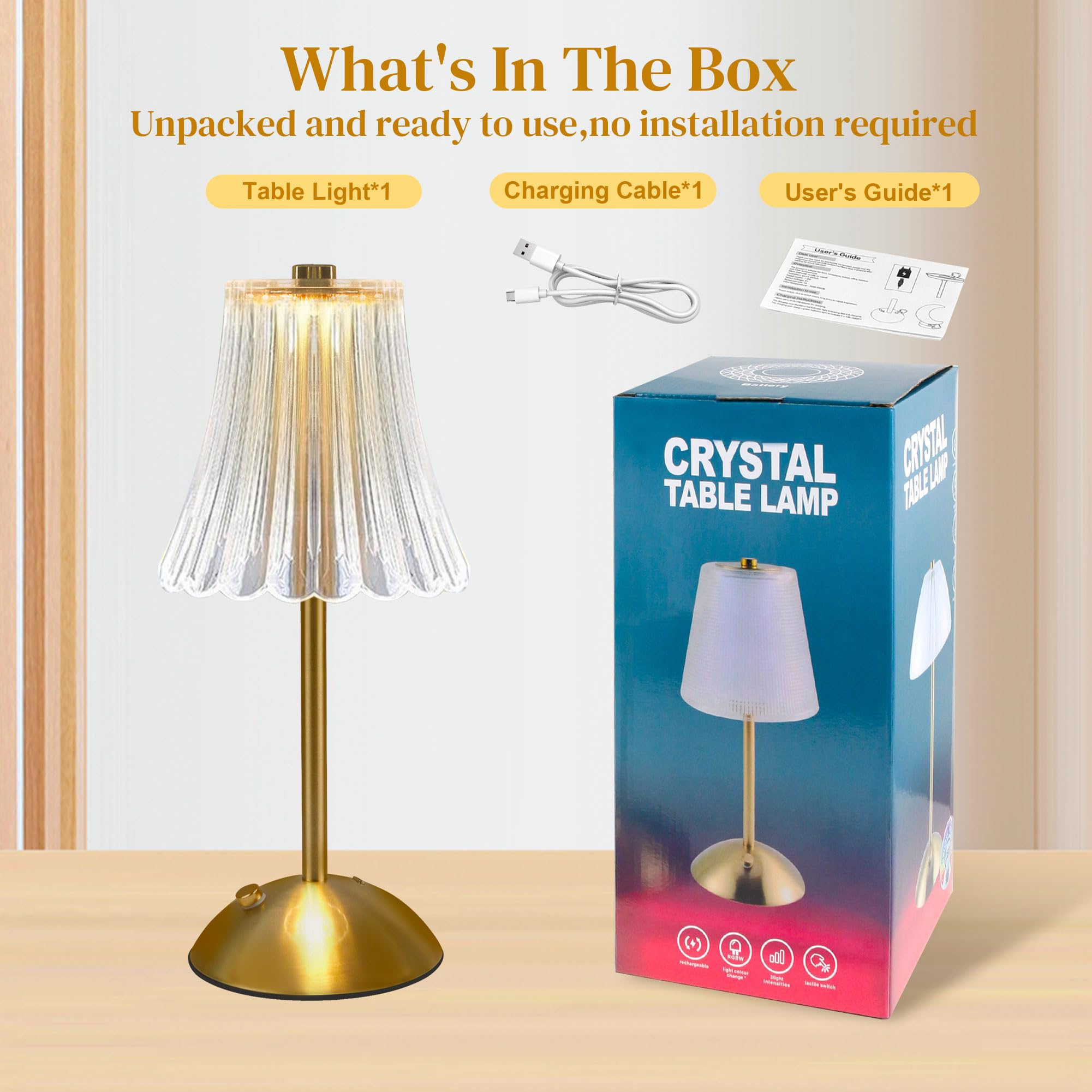 Hulknpe Cordless Table Lamps For Bedroom,Gold Cordless Battery Operated Table Lamp Rechargeable Decorative Bedside Lamps Dimmable Nightstand Lamp Small Usb Touch Crystal Table Lamp,3 Color Led Lamp