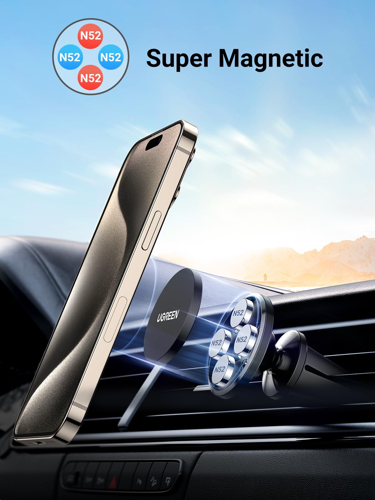 Ugreen Magnetic Phone Holder For Car Strong Magnet Cell Phone Mount Air Vent Compatible With Iphone 16 15 14 13 Pro Max Mini, Iphone 12 11 Plus Se Xs Xr 8 7 Smartphone, Black