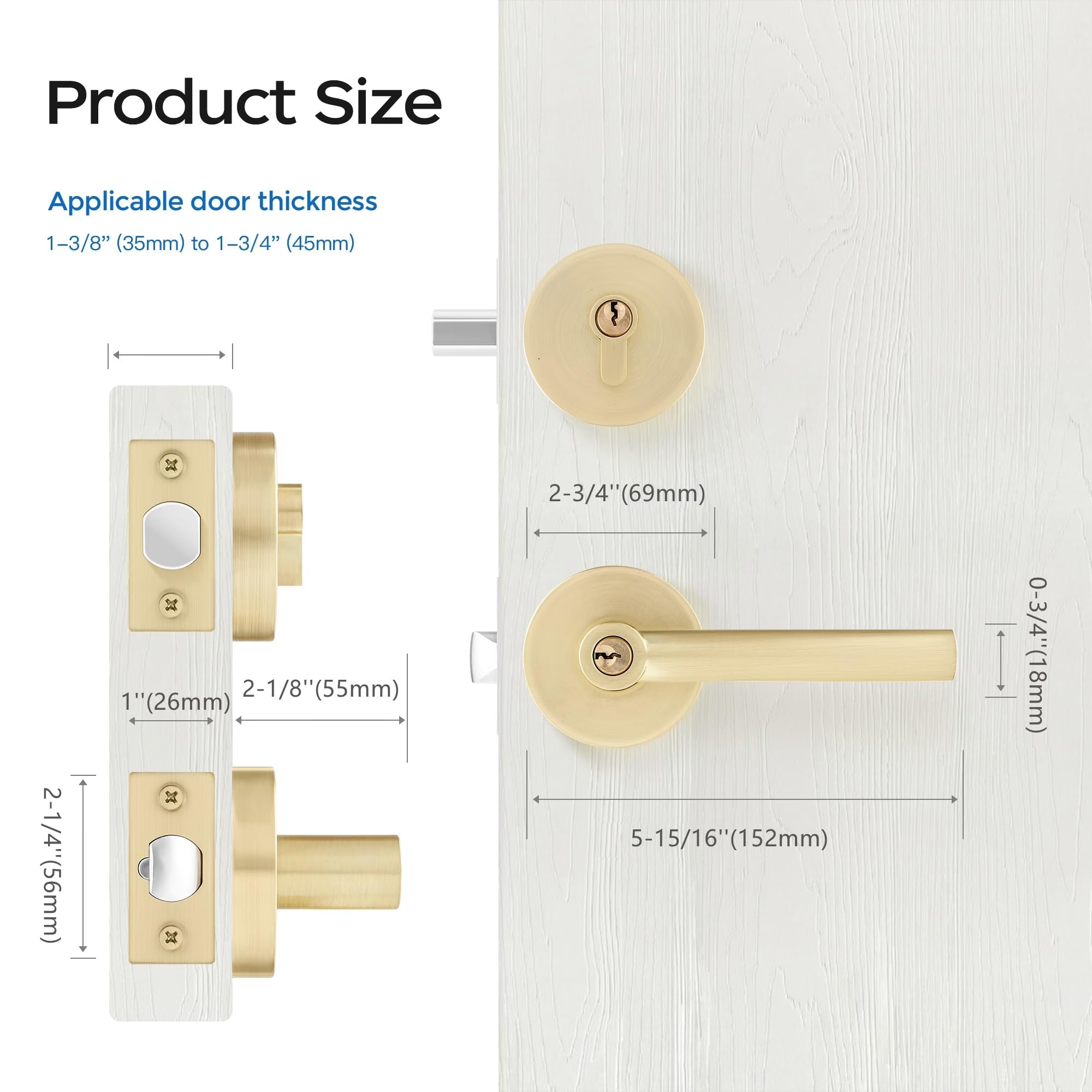 Leydebong 4 Pack Door Handleset With Single Cylinder Deadbolt, Gold Deadbolt, Reversible For Right And Left Side Single Keyed Alike Lock Set