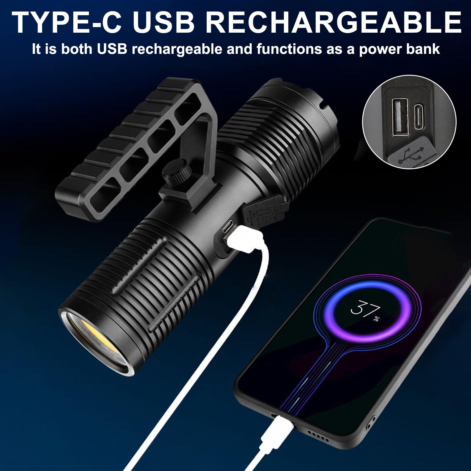Siuyiu 13500 Lumens Tactical Flashlight Usb- C, Rechargeable Flashlights, Ipx7 Waterproof Zoomable Led With Cob Auxiliary Light, 11 Modes For Camping, Emergency, Disaster Survival