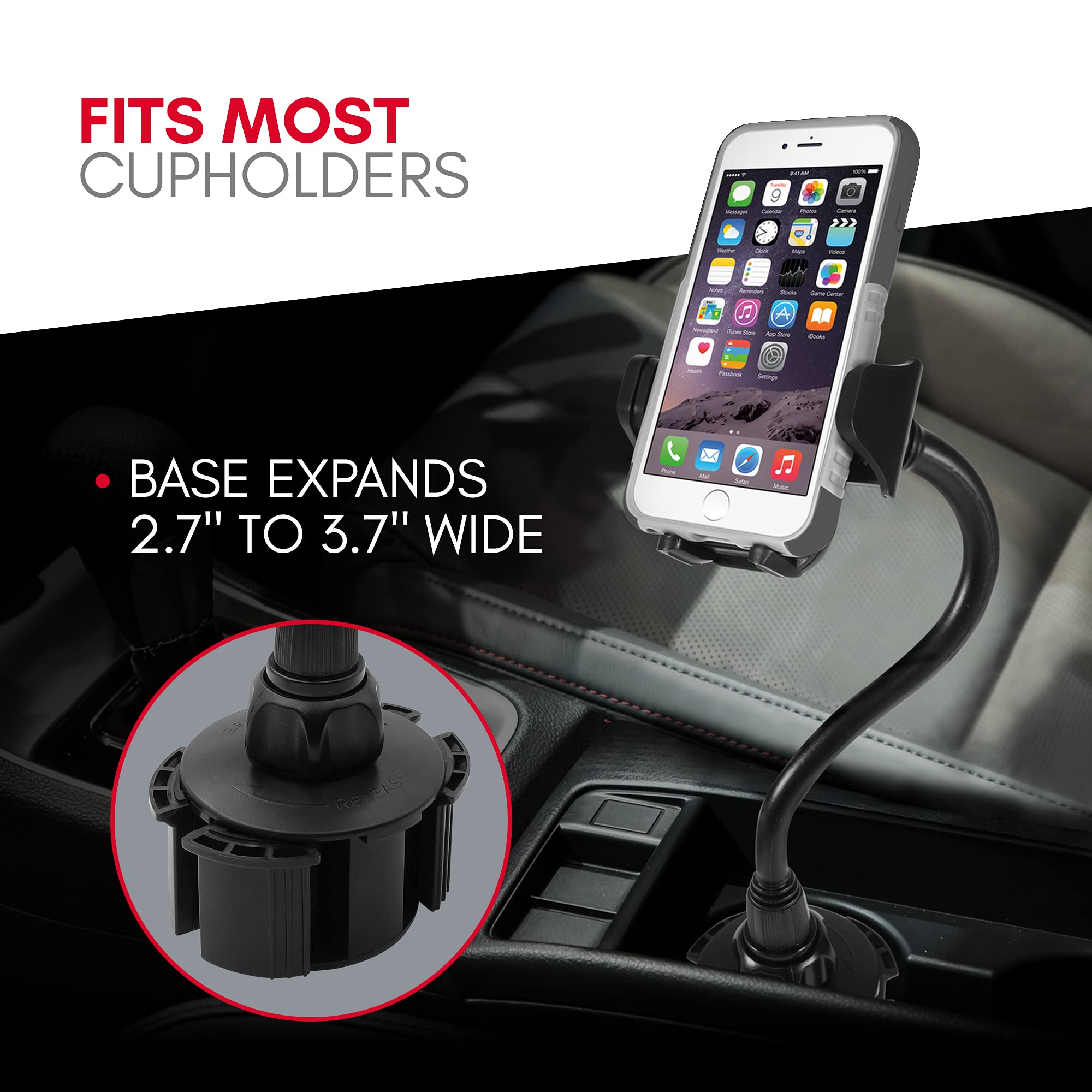 Macally Car Cup Holder Phone Mount - 8” Long Flexible Gooseneck Cell Phone Holder Car Cup Holder With 360° Adjustable Holder - Universal Cup Phone Holder Fits With/Without Case Up To 4.1” Wide