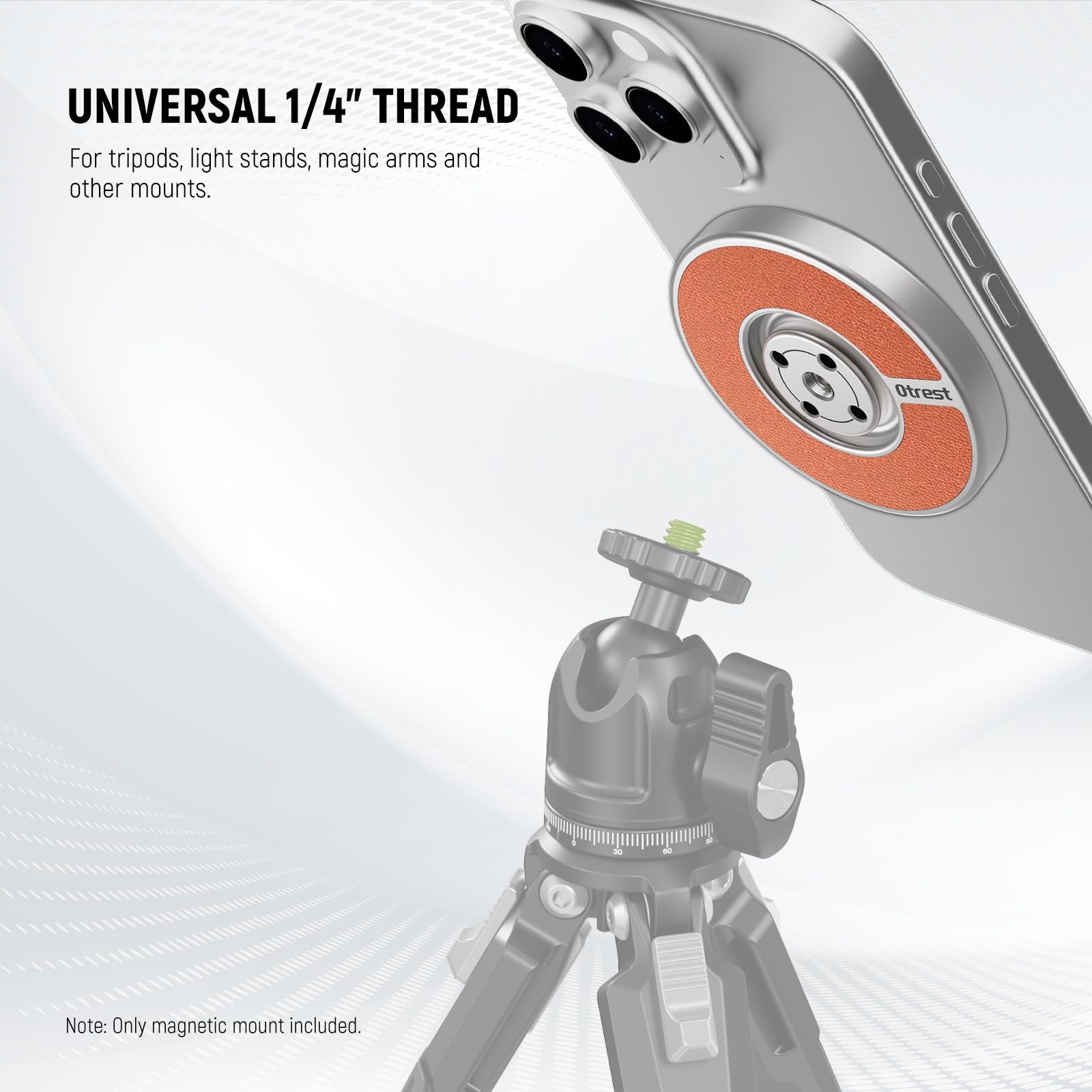 Otrest Magnetic Phone Tripod Stand Mount Adapter With 1/4" Thread Adhesive Metal Ring Compatible With Magsafe Iphone 16 Pro Max 15 14 13 12 For Video Recording Selfie Stick Ring Light, Pa-01