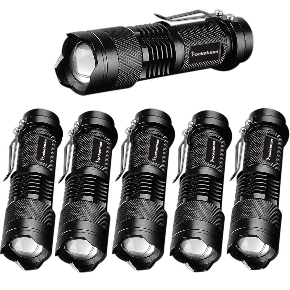 Pocketman 6 Pack,7W 300Lm Sk-68 3 Modes Mini Light Black Led Tactical Flashlight