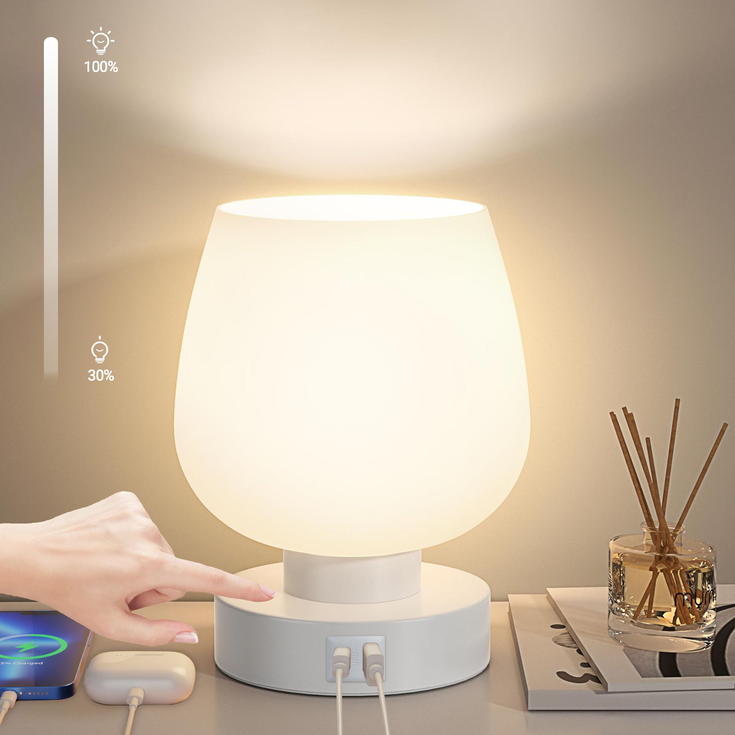 Ecoespti Touch Bedside Lamp, Mini Stepless Dimmable Table Lamps For Bedroom For Night Stands, Small Desk Lamp With Brightness Memory, Usb Charging Ports, Warm Led Bulb, White, Round Shape, 1 Set