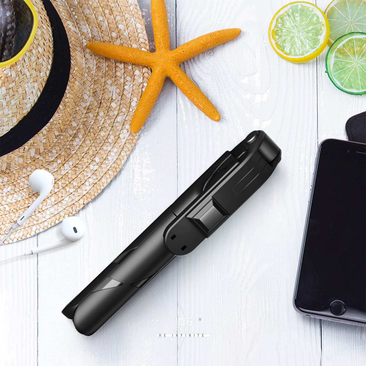 Insfeel Selfie Stick Tripod With Remote - Portable Bluetooth Travel Cell Phone Stand Compatible For Iphone 14/13/12/11 Pro/Xs Max/Xs/Xr/X/8/7, Samsung Galaxy, Android Smartphone (S-Black)