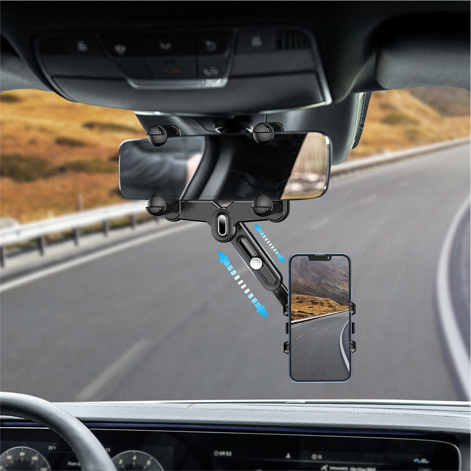 Powdapte Rear View Mirror Phone Holder, 360°Rotatable And Retractable Rearview Mirror Phone Holder For Car,  Four Corners Anti-Shake Multifunctional Design For All Iphone & Car Rearview Mirror