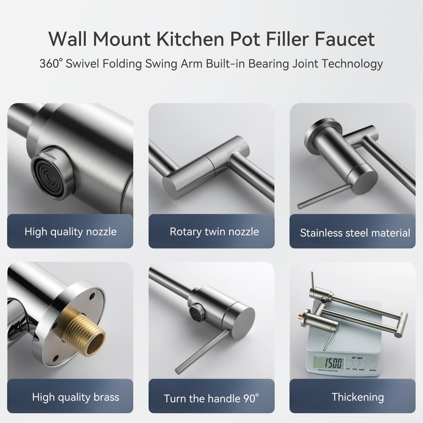 Mr. Faucet Wall Mount Kitchen Pot Filler Faucet 360° Swivel Folding Swing Arm Built-In Bearing Joint Technology, For Kitchen Stove, Coffee Station, Bar Filler&Water Station(Brushed Nickel)