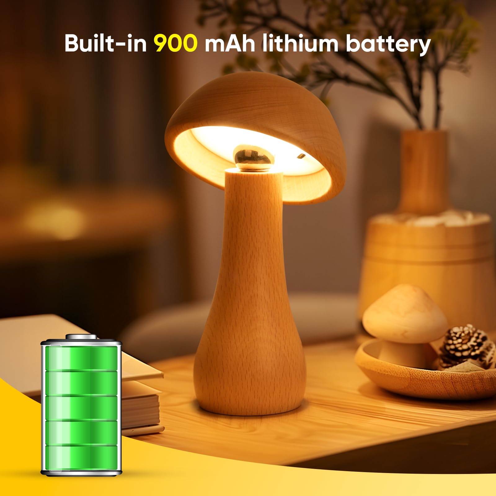 Lonrisway 2 Pack Wooden Mushroom Lamp, Portable Cordless Small Rechargeable Battery Operated Lamp,Stepless Dimming,Night Light For Birthday