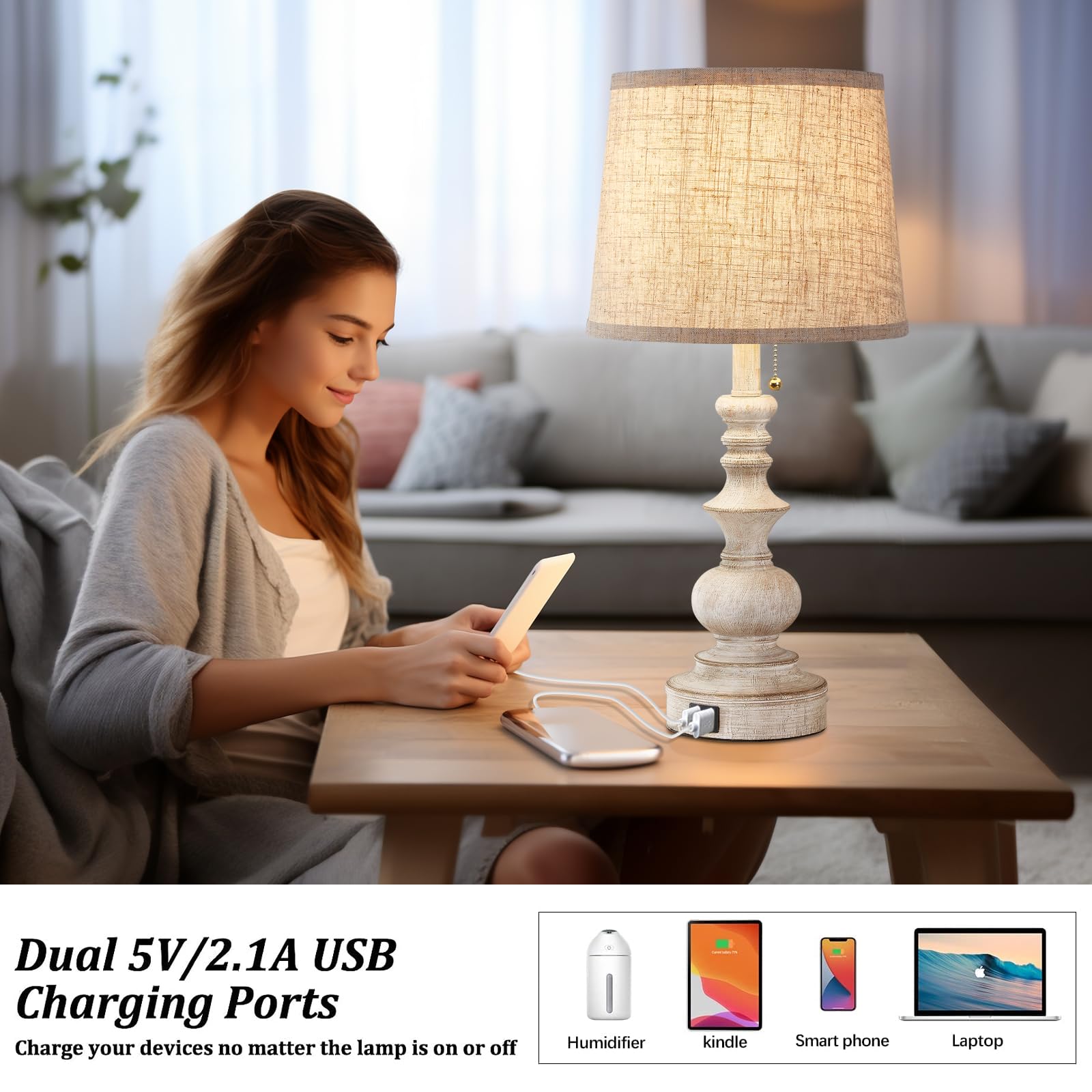 Drawealth Table Lamps For Bedrooms Set Of 2 Farmhouse Bedside Lamps For Nightstand With Usb Charging Ports Traditional Side Table Lamps For Living Room Wooden Finish, Pull Chain, Bulbs Not Included