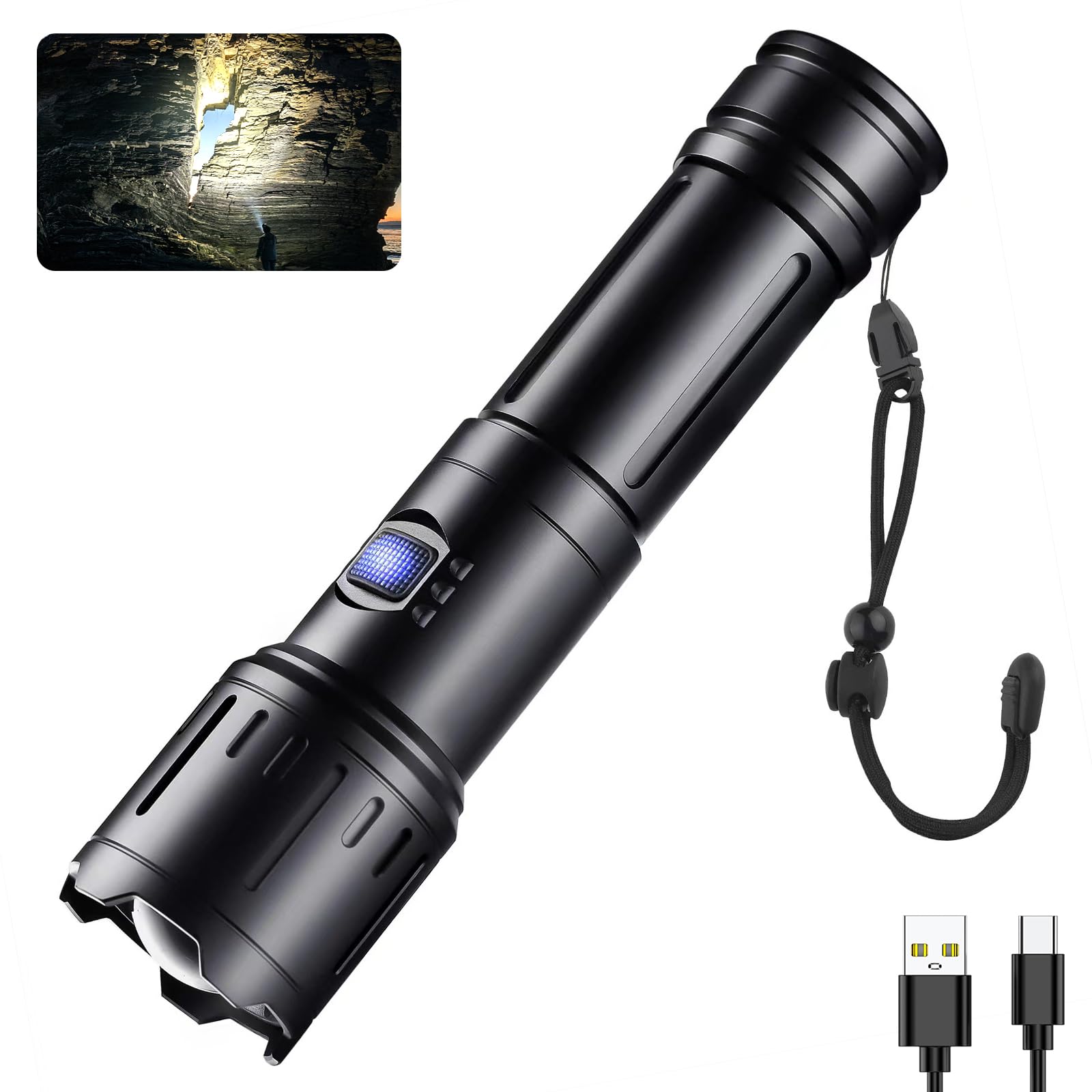 Minsk Flashlights High Lumens, 3500 Lumen Rechargeable Flashlights, Flash Light With Five Modes, Super Bright Flashlight, Zoomable For Outdoors