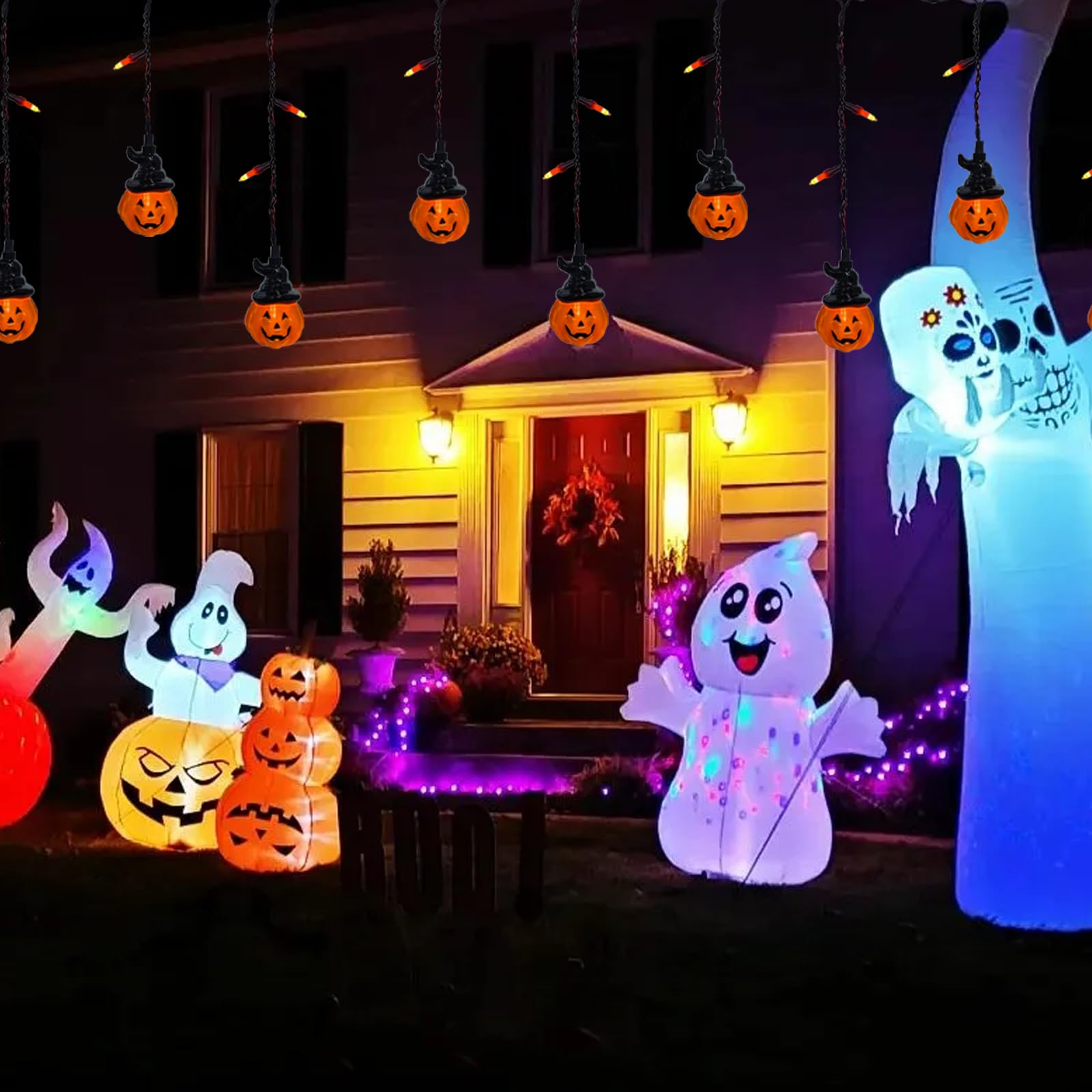 Bokoiuu 7Ft Halloween Hooded Pumpkin Light String, Led Pumpkin Outdoor Decoration Light String With 25 Mini Curtain Pumpkin Lights For Halloween Party, Outdoor, Window, Porch, Indoor, Bedroom.
