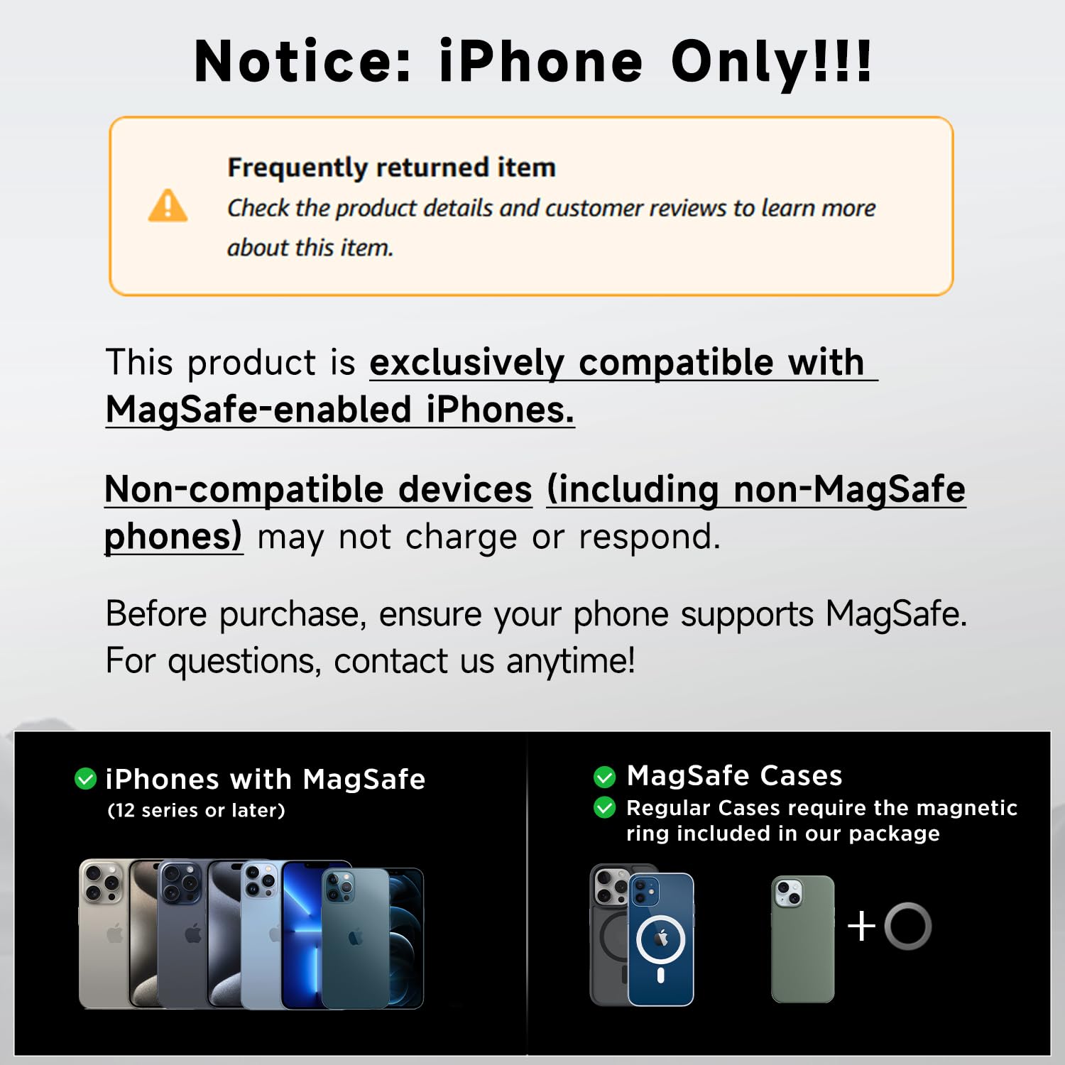 Acmezing 15W Only For Iphone Magsafe Car Mount Charger, 360% Adjustable Aluminum Alloy Arm, Relocatable Car Phone Holder, Magnetic Wireless Fast Charging, Cell Phone Holder For All Car Models, Black
