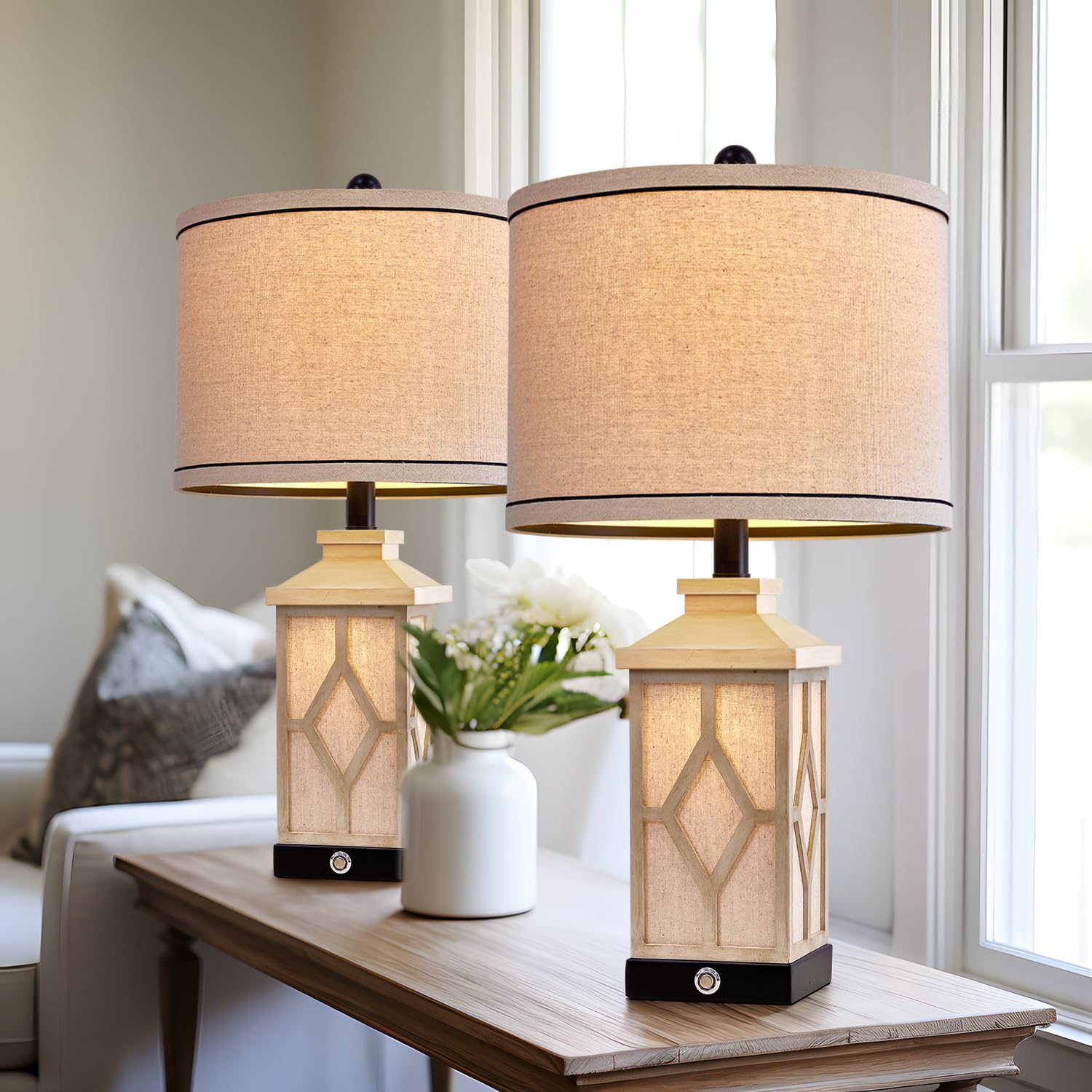 G-Safava 23.5" Touch Table Lamps Set Of 2 For Living Room - Farmhouse Bedside With Usb A+C Charging Ports, 3-Way Dimmable White, Retro For Night Stands, Boho Bedroom