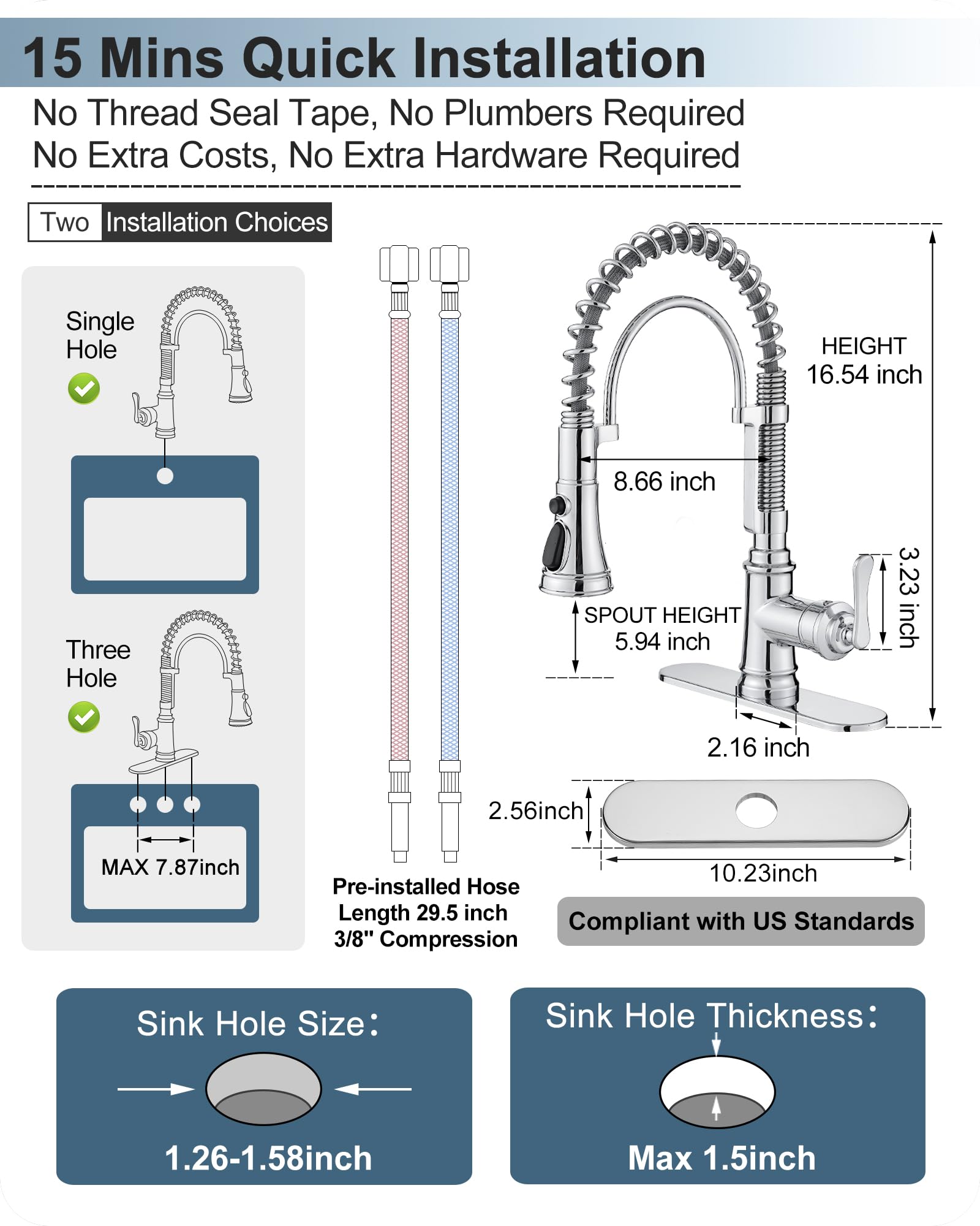 Hoigy Chrome Kitchen Sink Faucet With Sprayer, 3-Function Single Hole Kitchen Faucets 3 Hole, Single Handle Modern Kitchen Faucet, 360 Degree Swivel Spring Faucet For Kitchen Sink With Deck Plate