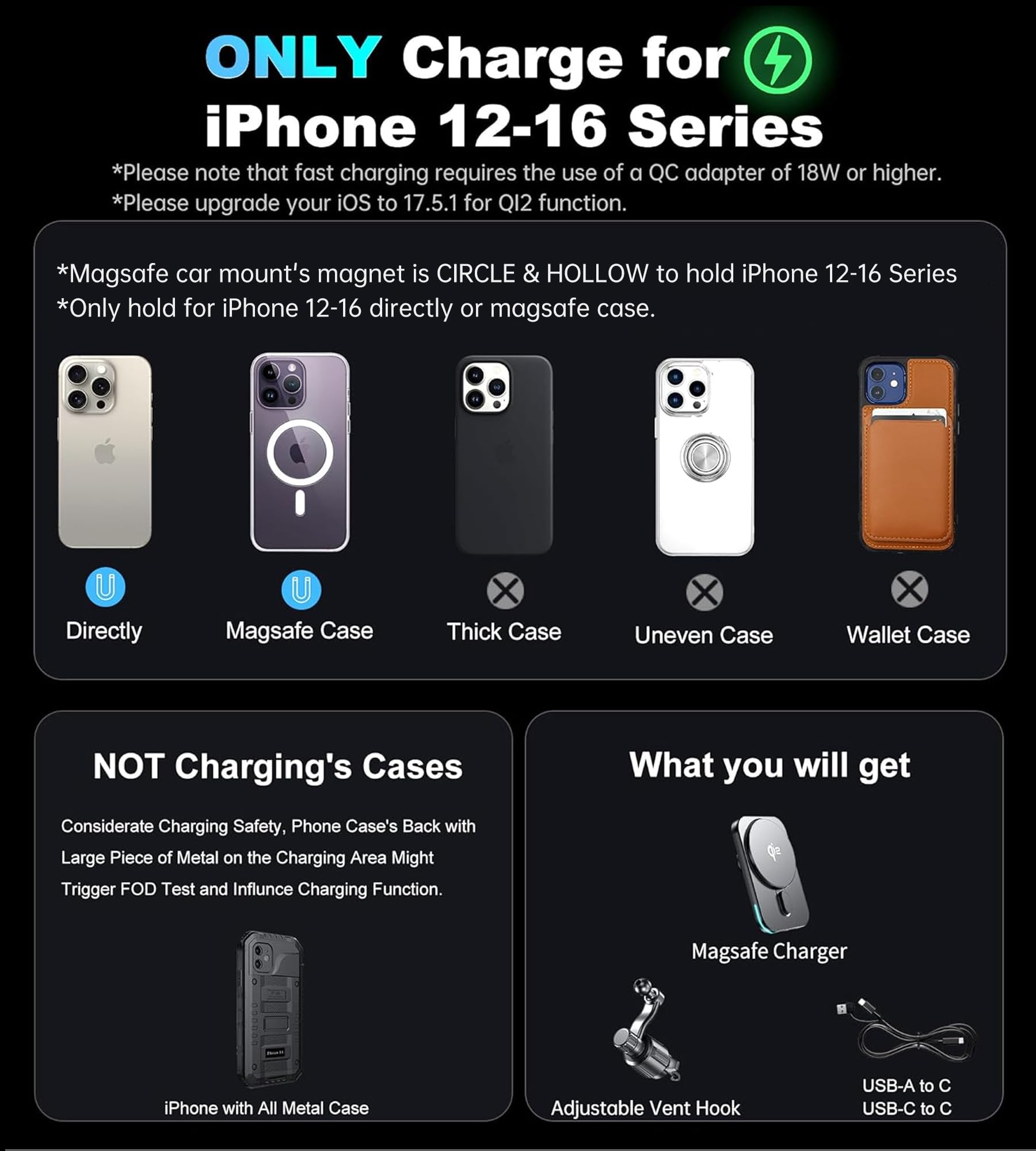 Gumosh For Qi2 15W Magsafe Car Mount Charger, [More Stable & Faster] Vent Magnetic Wireless Car Charger, Hands 360°Rotation Air Vent Phone Mount Holders For Iphone 16/15/14/13/12, With Charging Adapter