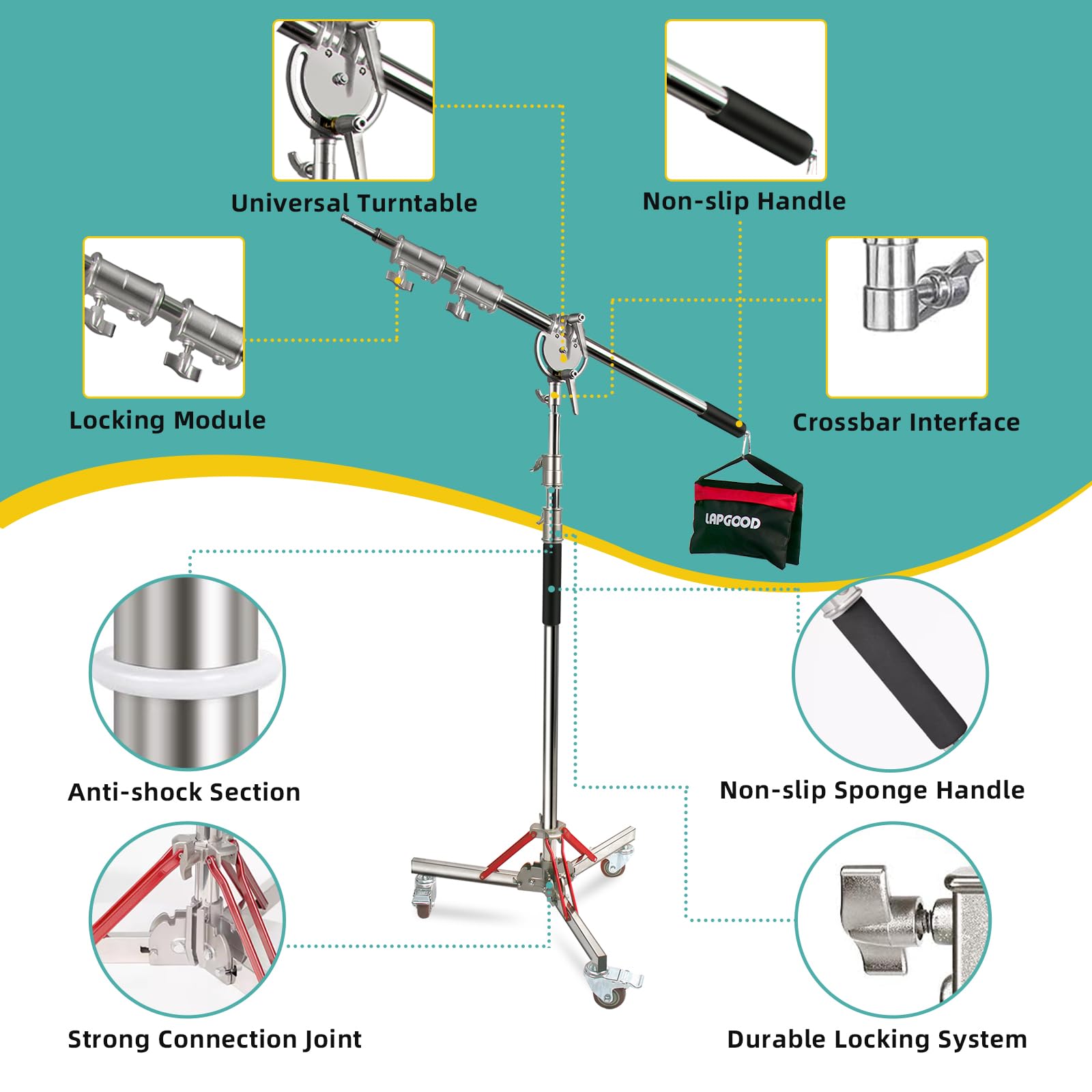 Youtin Heavy Duty Light Stand With Casters And Boom Arm, Adjustable Tripod Stand Stainless Steel,Photography Wheeled Base Stand For Studio Softbox, Monolight, Reflector
