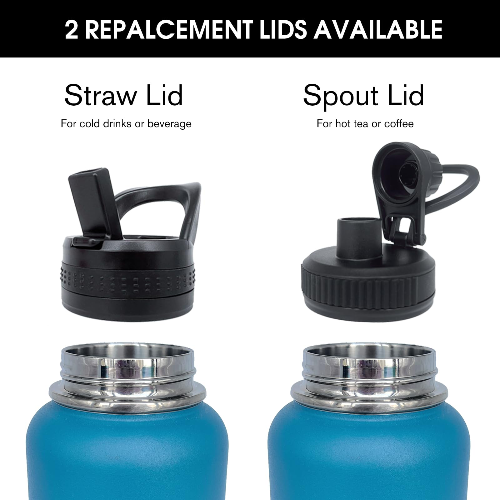 1Pack 32 Oz Insulated Water Bottle With Straw, Stainless Steel Sports Water Cup Flask With 2 Lids