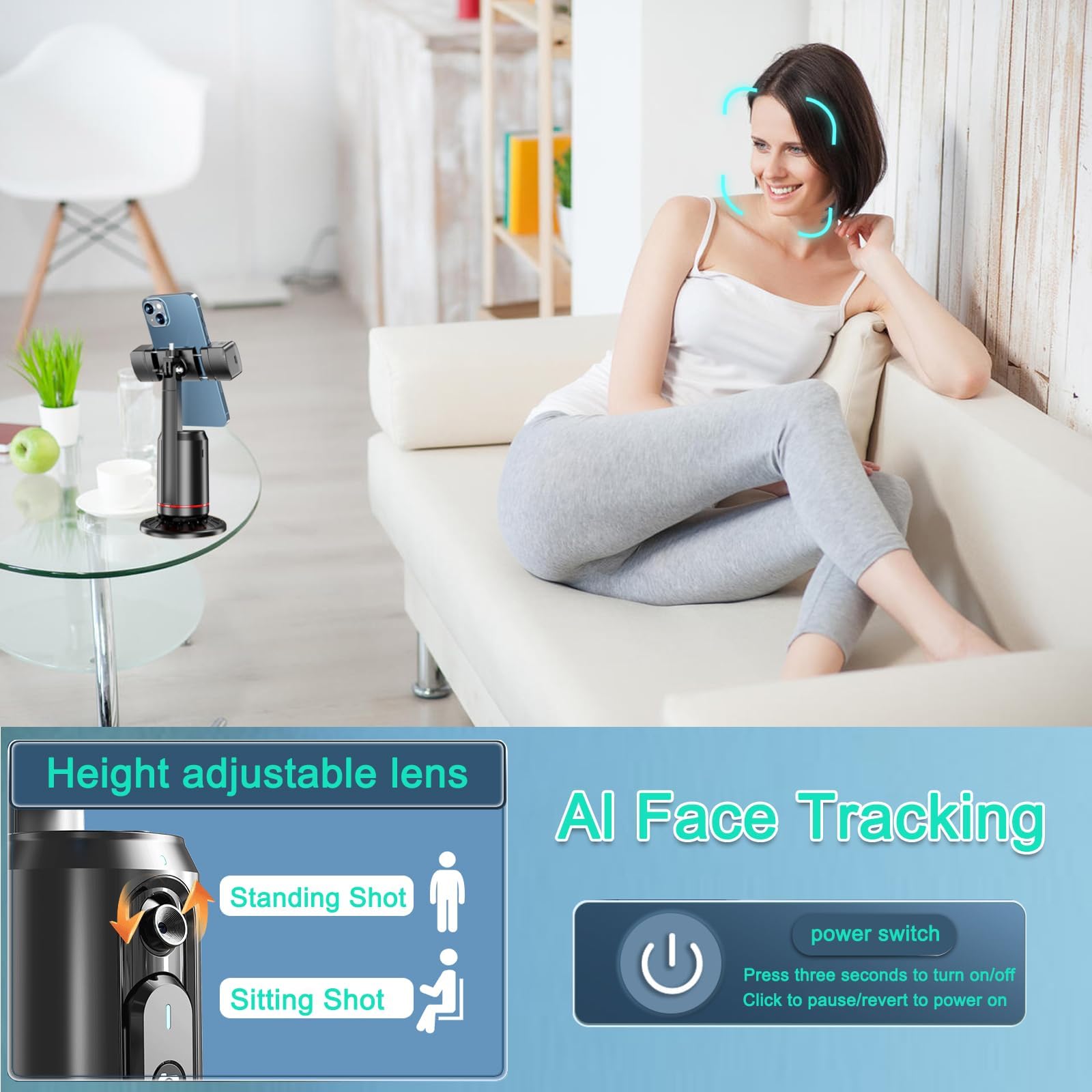 Crienten Auto Face Tracking Tripod 360° Rotating Auto Tracking Phone Stand, No App Required,Phone Camera Stand With Remote，Rechargeable Smart Shooting Stand For Live Video Recording Tiktok - Black