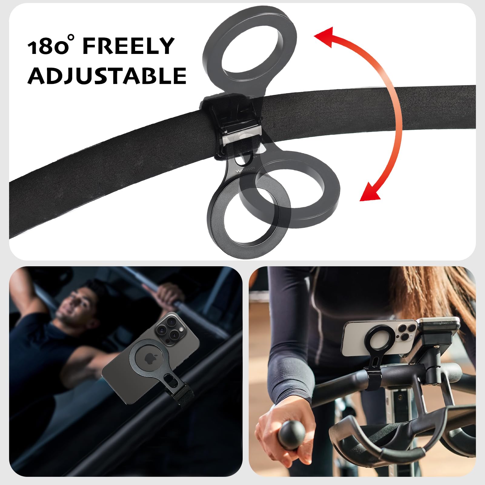 Vugosson Magnetic Phone Holder For Stroller Bar, Compatible With Magsafe (Strong Magnet) - 180° Adjustable For Gym, Home Fitness Bikes, Shopping Cart, With Adjustable Strap, All Phone (Magnetic Ring Included)