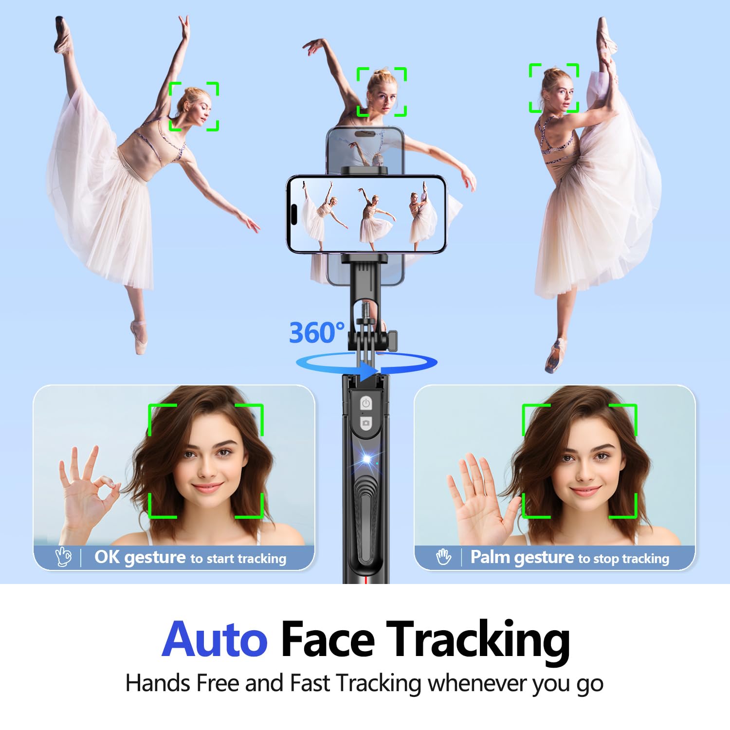 Stjiatu 72.8'' Auto Face Tracking Tripod 360 Rotation With Stand, 6 In 1 Selfie Stick Tripod With Fill Light, Tripod That Follows Your Movement, Content Creator Essentials, No App, For Video Recording, Tiktok