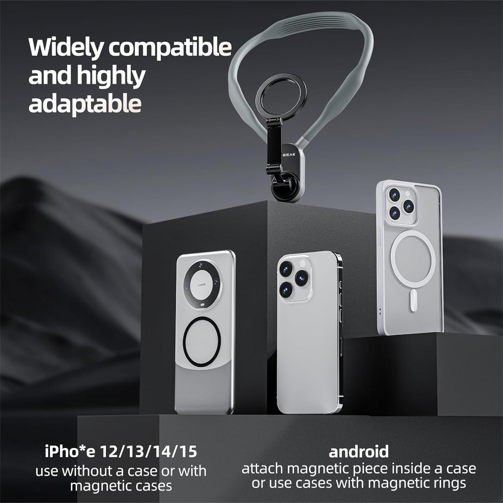 Reygeak Magnetic Neck Phone Mount,  Pov/Vlog Phone Holder For Magsafe Iphone 16/15/14/13/12 Pro Mini/Plus/Pro/Pro Max,Hand  Chest Stand Video Recording For Android Phone Accessory(Grey)