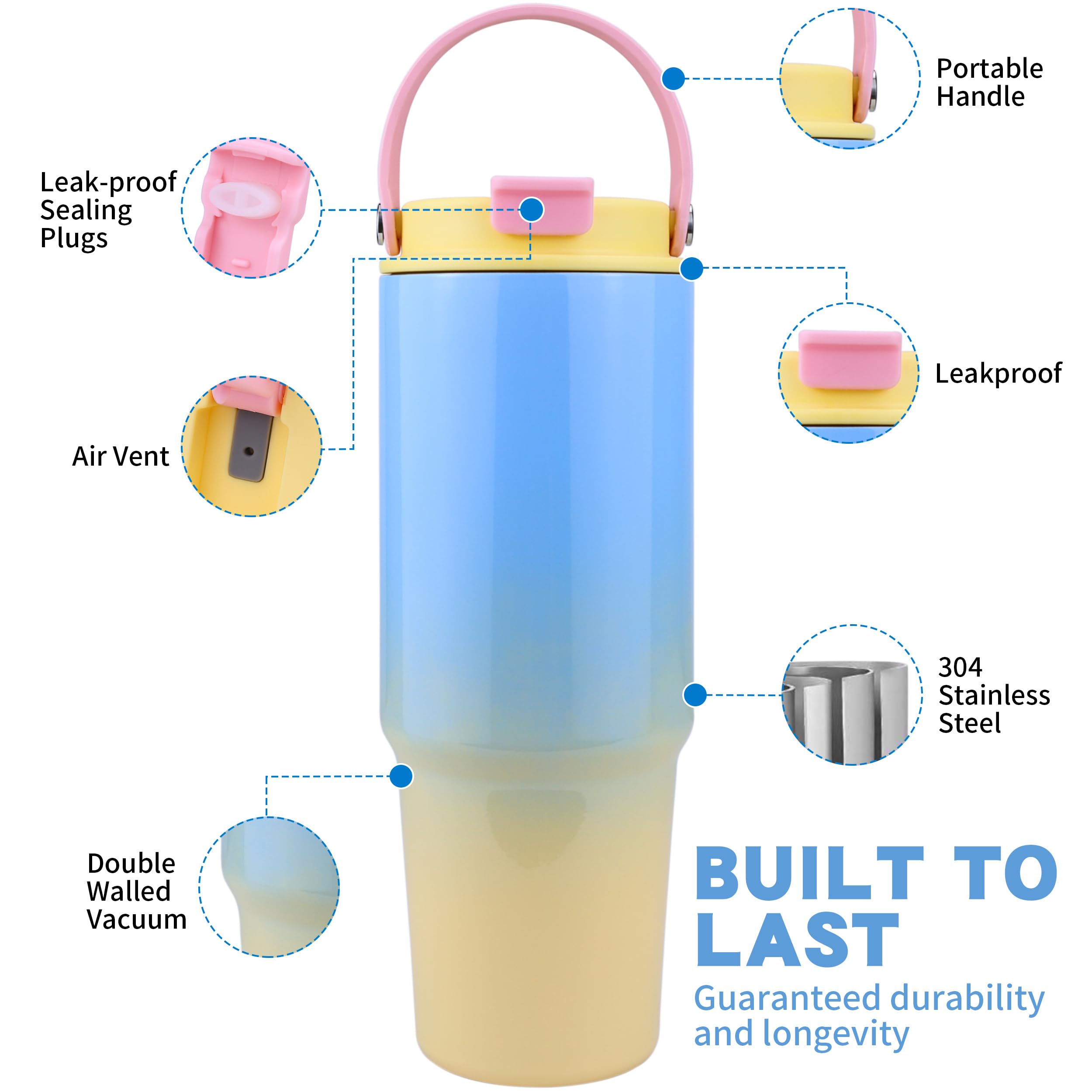 30 Oz Tumbler With Lid And Straw Water Bottle With Handle Leak Proof Travel Mugs Insulated Cup For