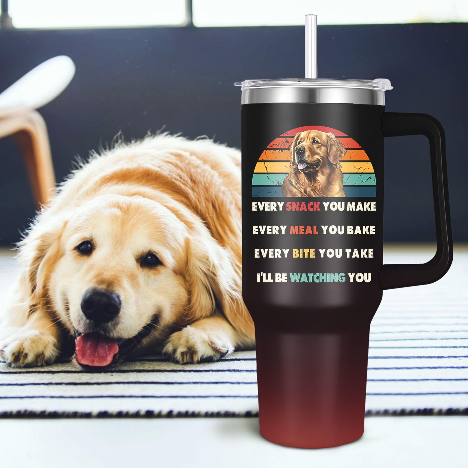 Golden Retriever Tumbler For Dog Owner , Water Bottle With Handle, Insulated Reusable Stainless