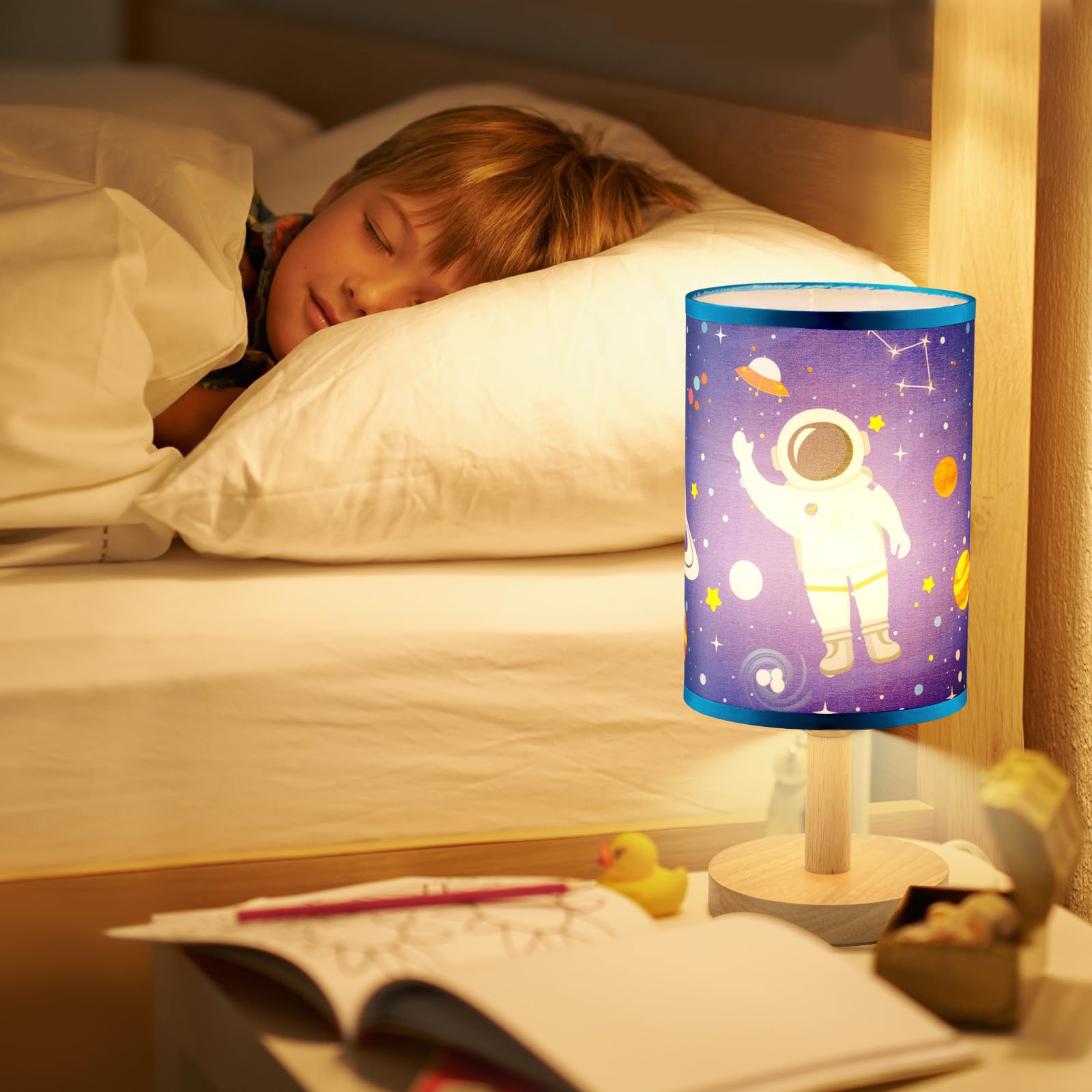Tujoe Kids Table Lamp With Linen Lampshade Nightstand Animal Baby Desk Bedside For Reading Bedroom Living Room Home Office(Space Astronaut)