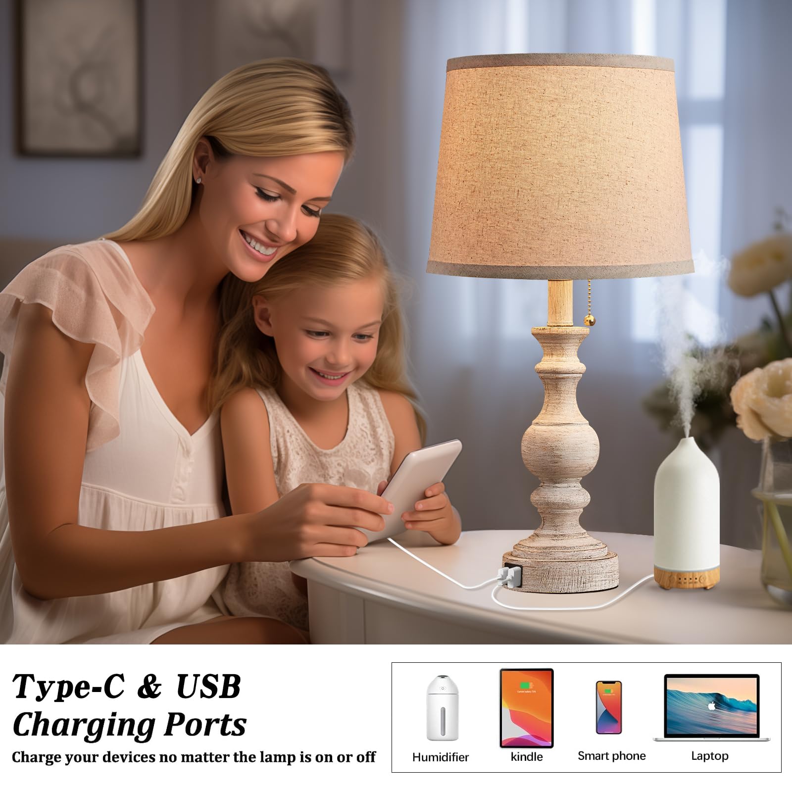 Booucuu Table Lamp For Bedroom Set Of 2 Farmhouse Bedside Lamps For Nightstand With Usb C+A Charging Ports Traditional Table Lamps For Living Room - Pull Chain Switch, Bulbs Not Included