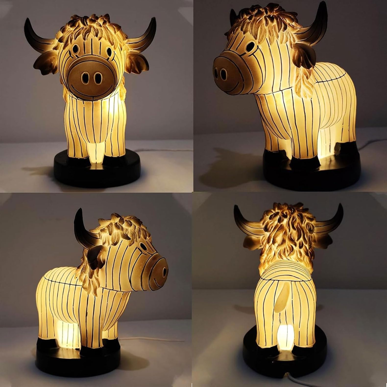 Gutsyluv Highland Cow Resin Table Lamp,Farmhouse Cow Night Light Cute Bedside Lamp,Cute Animal Night Light With Usb Ports For Living Room, Bedroom, And Home Office Decor