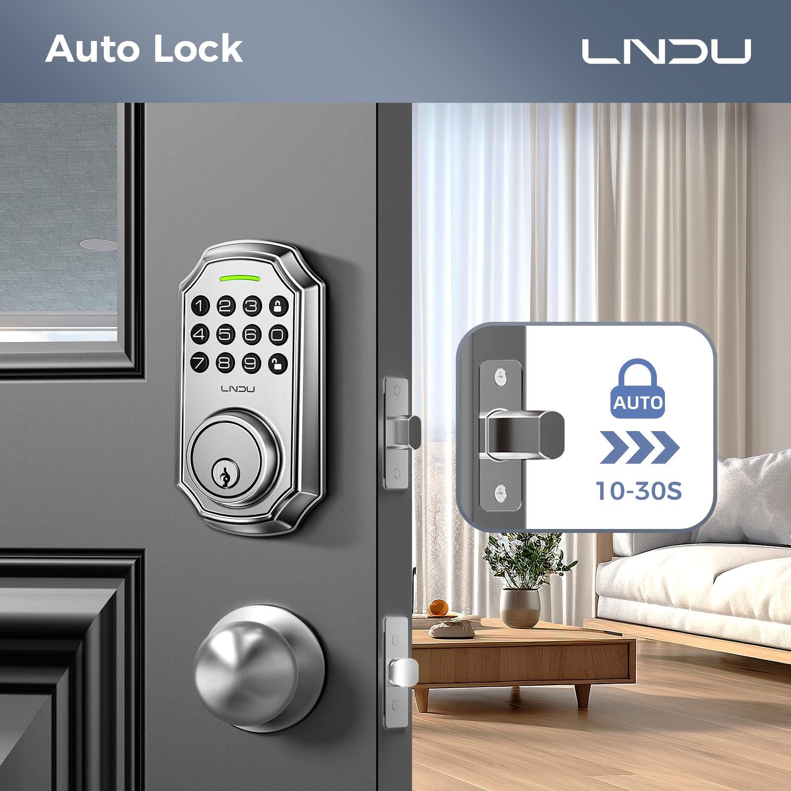Lndu Keyless Entry Door Lock Deadbolt With Handle Set: 100 Code Front Door Lock Set, Keypad Door Lock With Handle, Electronic Keypad Deadbolt With 2 Knob, One Touch Lock, Auto Lock Easy To Install