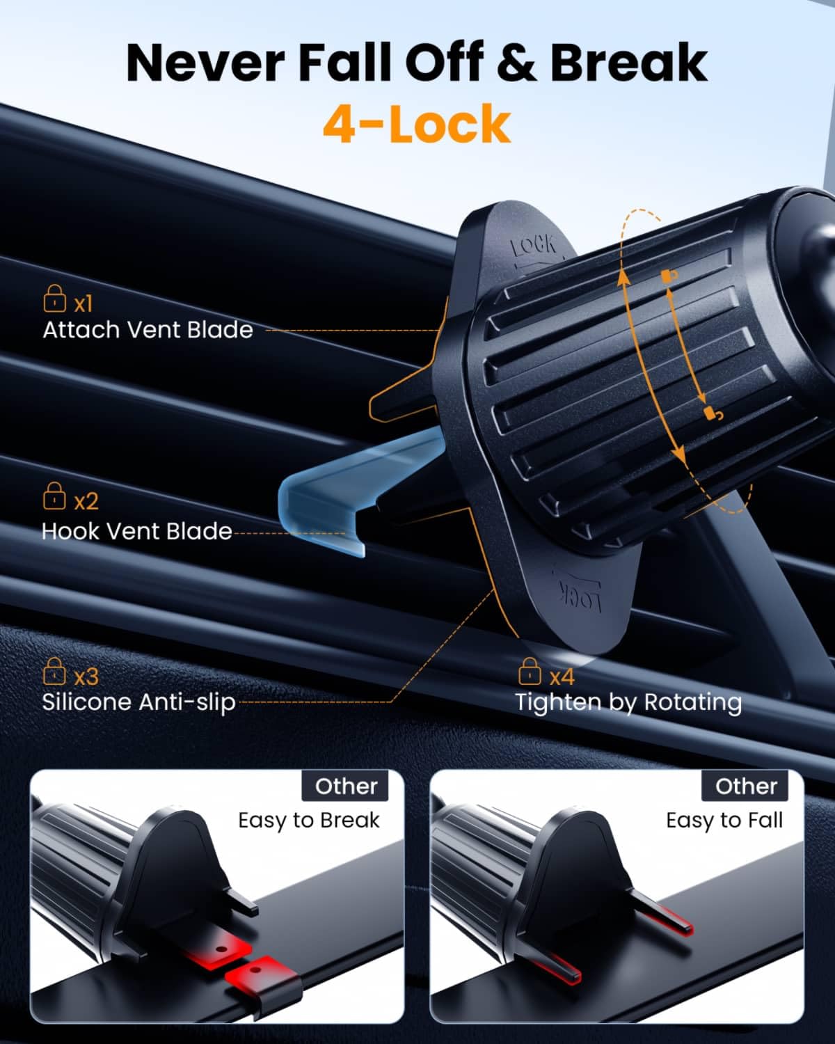 Amadaw  Phone Holder Mount For Car Vent [Design For Big Phone, Thick Cases] [Strongest Hook] Cell Phone Air Vent Mount With 1.62In Widest Clamp For Iphone 16 15 Pro Max All Phones, Silicone Black