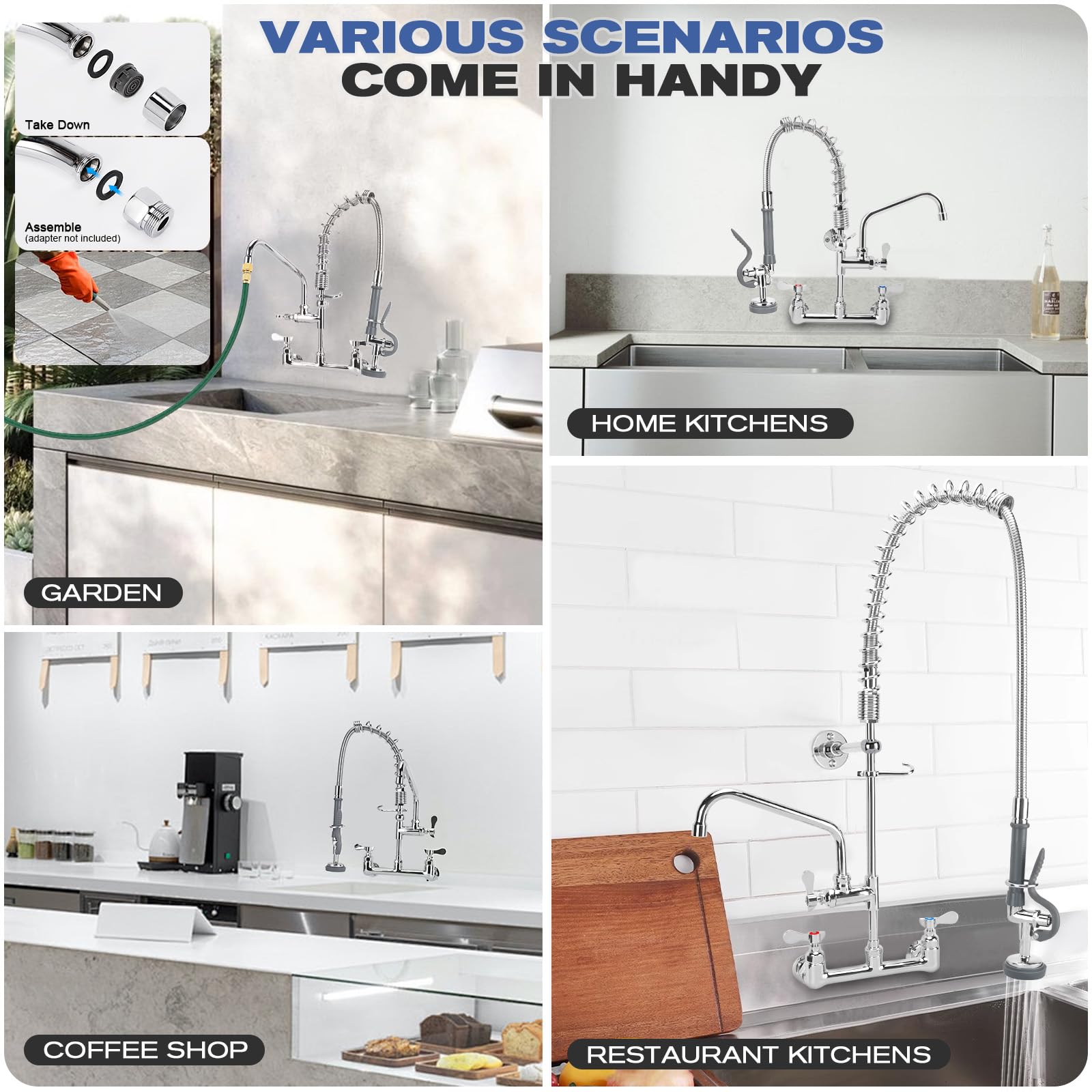 Pgkkle 25" Height Commercial Kitchen Faucet Wall Mount With Pre-Rinse Sprayer, 8 Inch Center Wall Mount Sink Faucet With 12" Swing Spout ，Commercial Sink Faucet For Commercial Restaurant Industrial Kitchen.