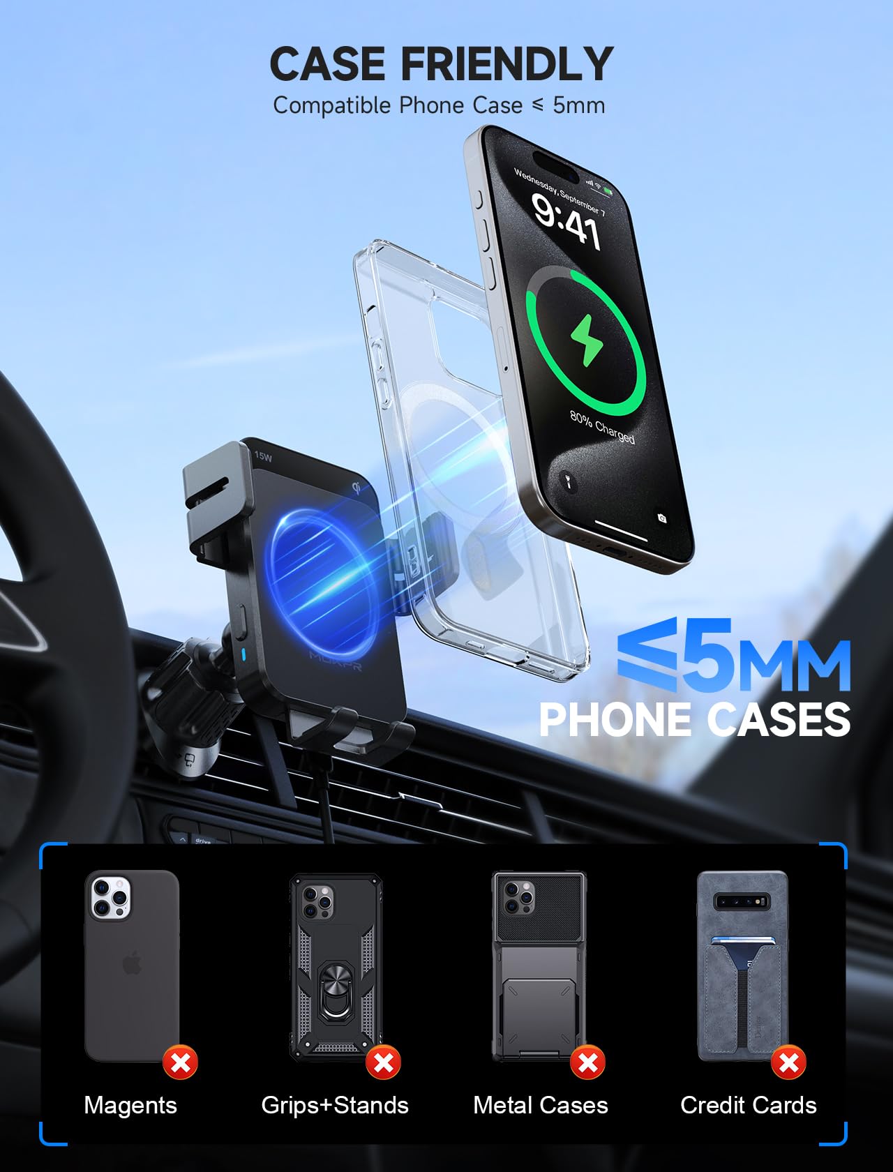 Mokpr Wireless Car Charger, 15W Auto Clamping Car Charger Dash Windshield Air Vent Phone Holder Compatible With Iphone 16 15 14/13/13 Pro/12 Pro/12/11/X/8, Samsung S24/S23/S22