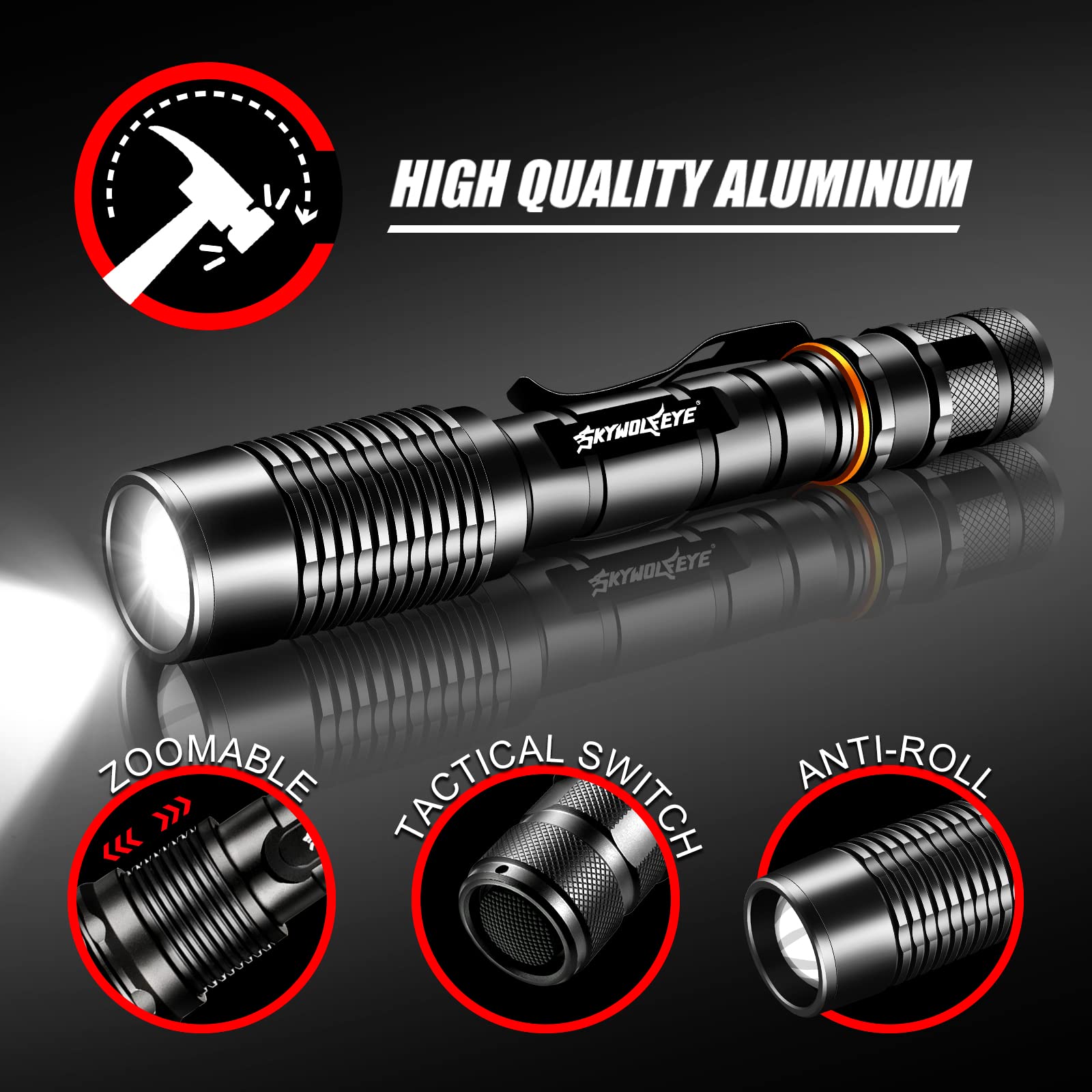 Skywolfeye 2 Pack 5 Modes Led Rechargeable 5000 High Lumens Flashlights, Super Bright Zoomable Flashlight Waterproof For Kids Camping，Emergencies