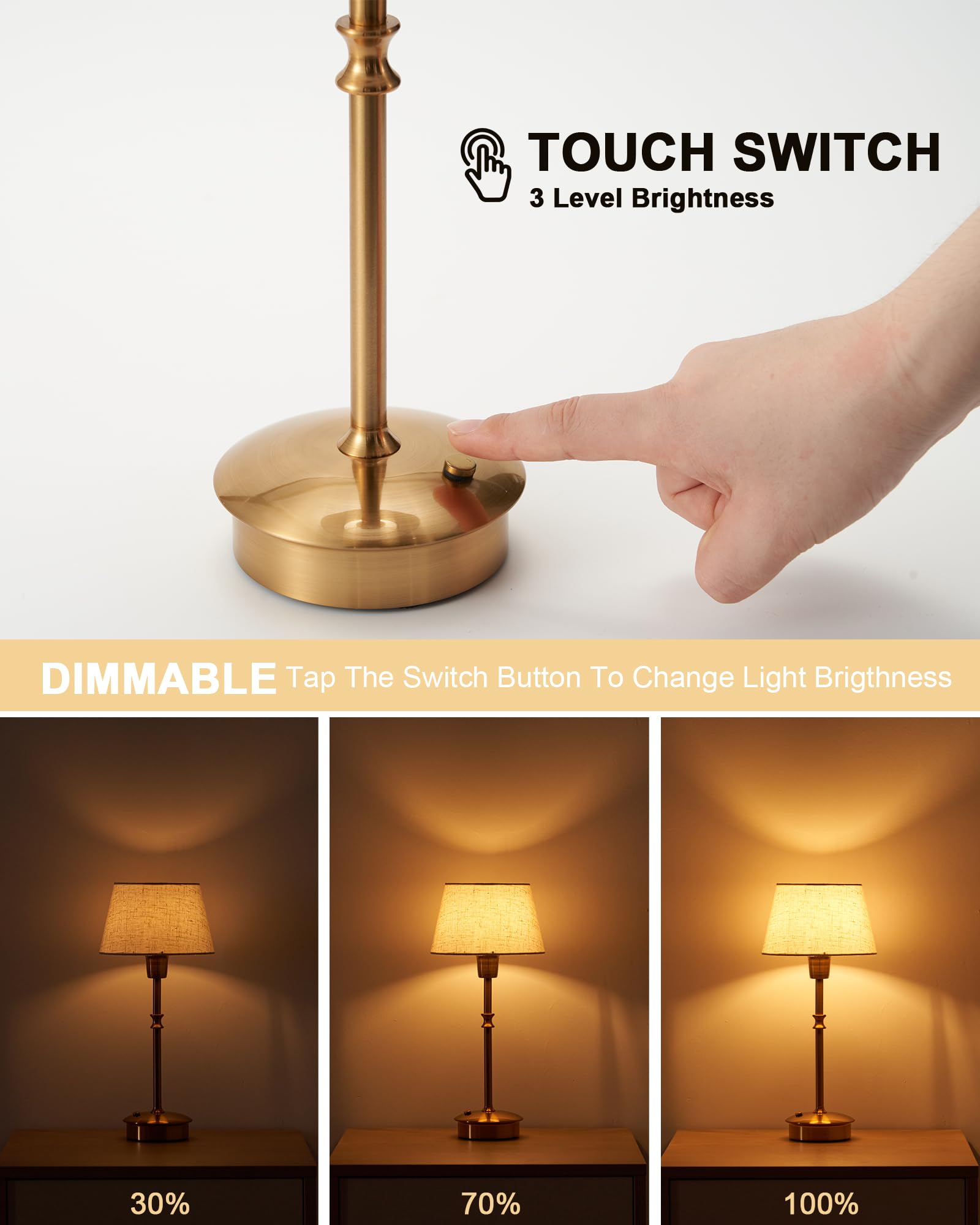 Umexus Cordless Lamp Rechargeable Table Lamps, 5000Mah Battery Operated Lights, 3 Level Brightness Dimmable, Portable Night Bedside Light For Patio, Restaurant, Dining, Fabric Shade, Antique Brass
