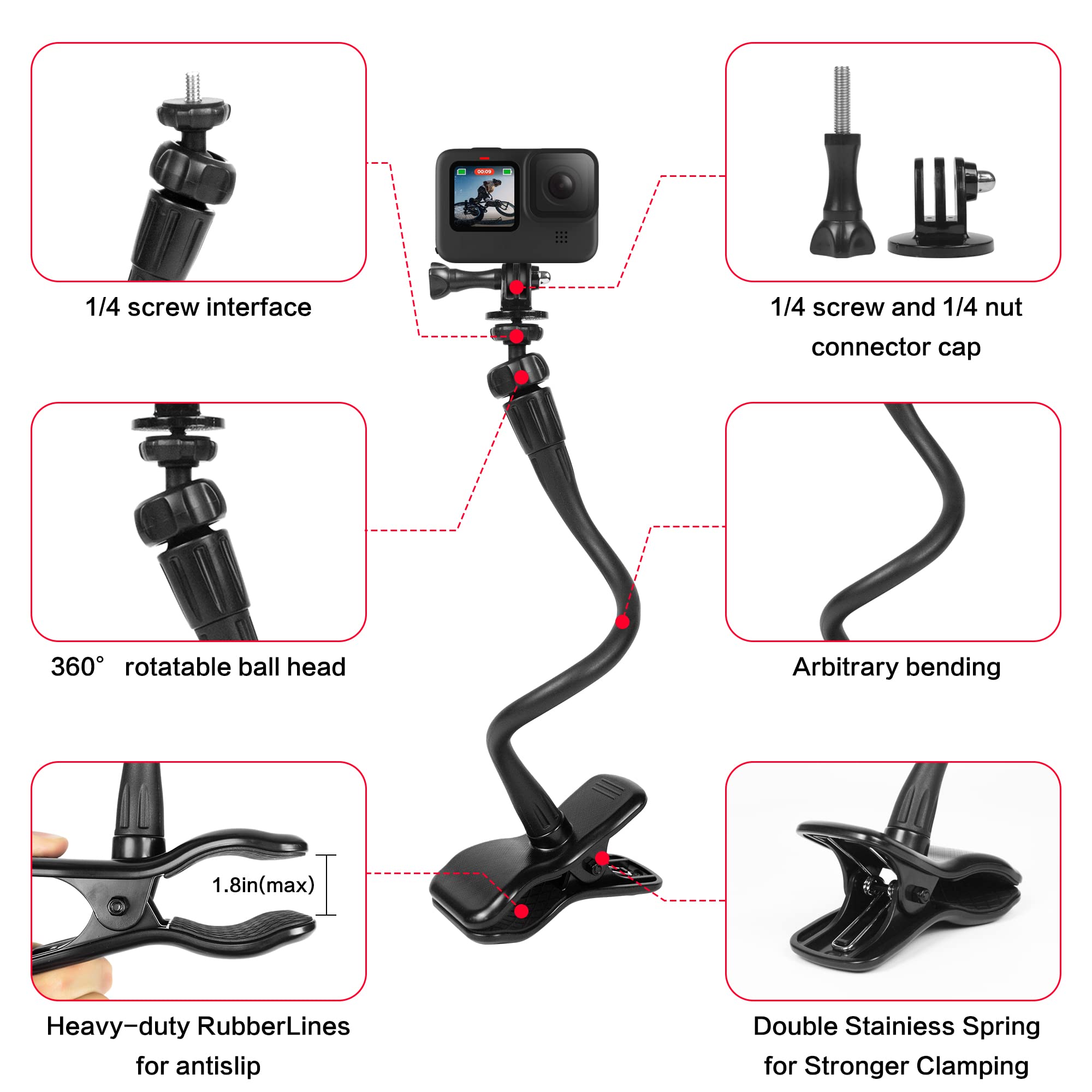 Fahliso Flexible Jaws Clamp Mount For Gopro Webcam Stand Holder Desk Table Clip With 1/4” Screw Thread 360° Ball Head Compatible With Logitech Webcam/Dji Action Cameras