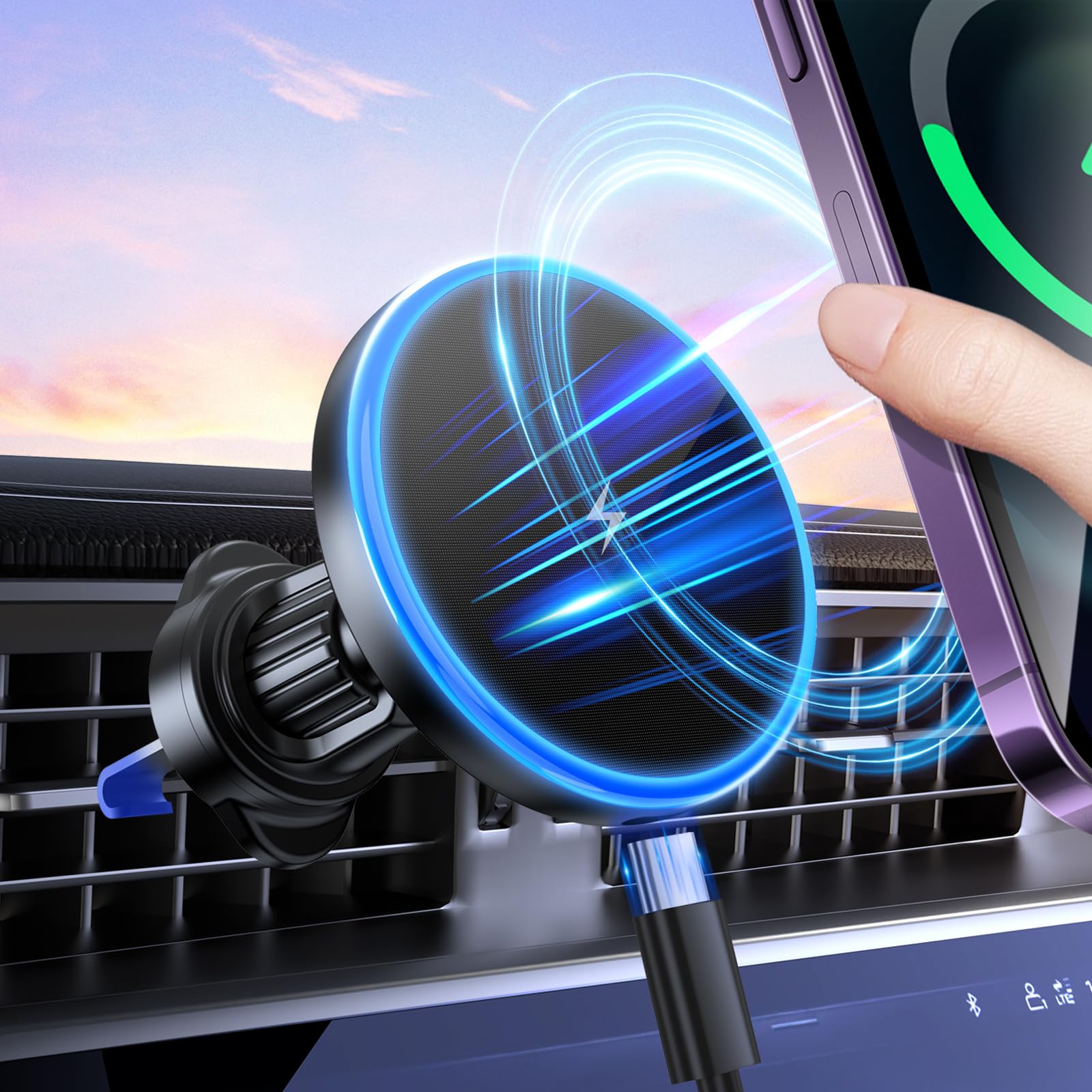 Bokilino Magsafe Car Mount Charger, 3 In 1 [Led Rgb Hands] Wireless Car Charger, Magnetic Phone Holders For Your Car- Fast Charging Car Magsafe Charger For Iphone 16/15/14/13/12 Series,  For Men Women