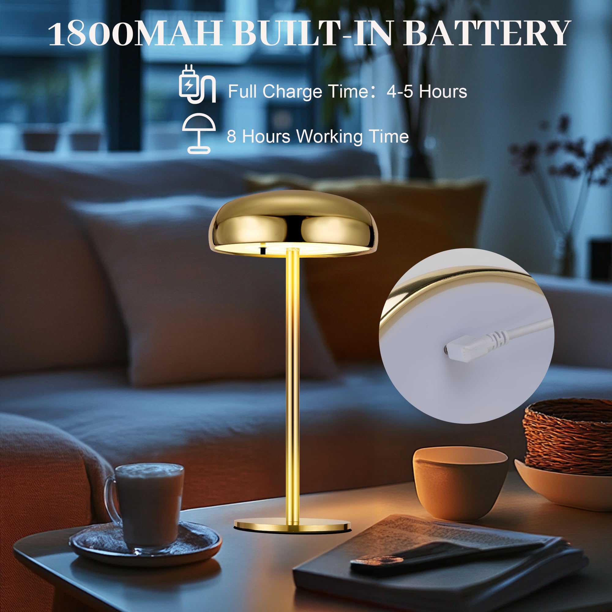 Shumi Wireless Table Lamp, Battery Powered Cordless Metal Touch Lamps 3 Color Temperatures Led Bedside Lamps With Usb Charging Ports For Bedroom, Dinning Room, Kitchen Decor, Bars, Outdoor, Reading