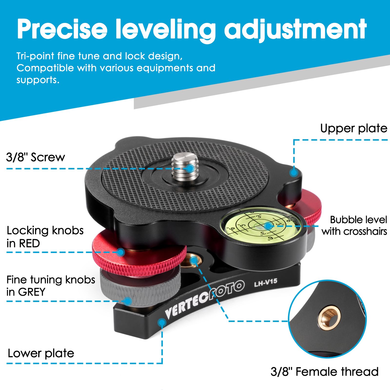 Vertecfoto Tripod Leveling Base : Bigger Bubble Level W/Crosshair, Fine Leveling Faster Enlarged Lock Knobs, Lock Easier, Perfect For A Smart Telescope Or Panos Max Load 33 Ib