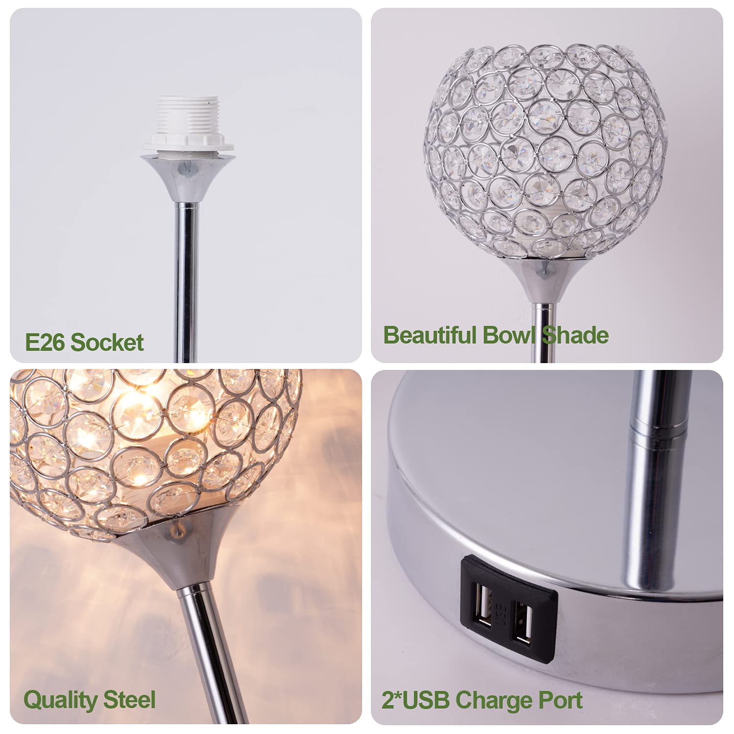 Defloorlight Crystal Touch Control Table Lamp, 3-Way Dimmable Modern Bedside Lamp With 2 Usb Charging Port Nightstand Desk Lamp With Elegant Lamp Shade For Bedroom, Living Room Hotel, Reading, Bulbs Included