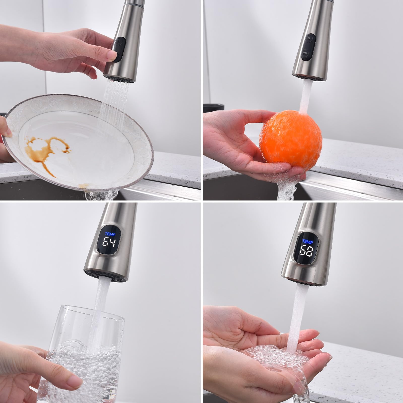 Homelody Pull Down Kitchen Faucet Head Replacement, Led Temperature Display Sink Spray Nozzle With 12 Adapters, Kitchen Sink Faucet Head Brushed Nickel