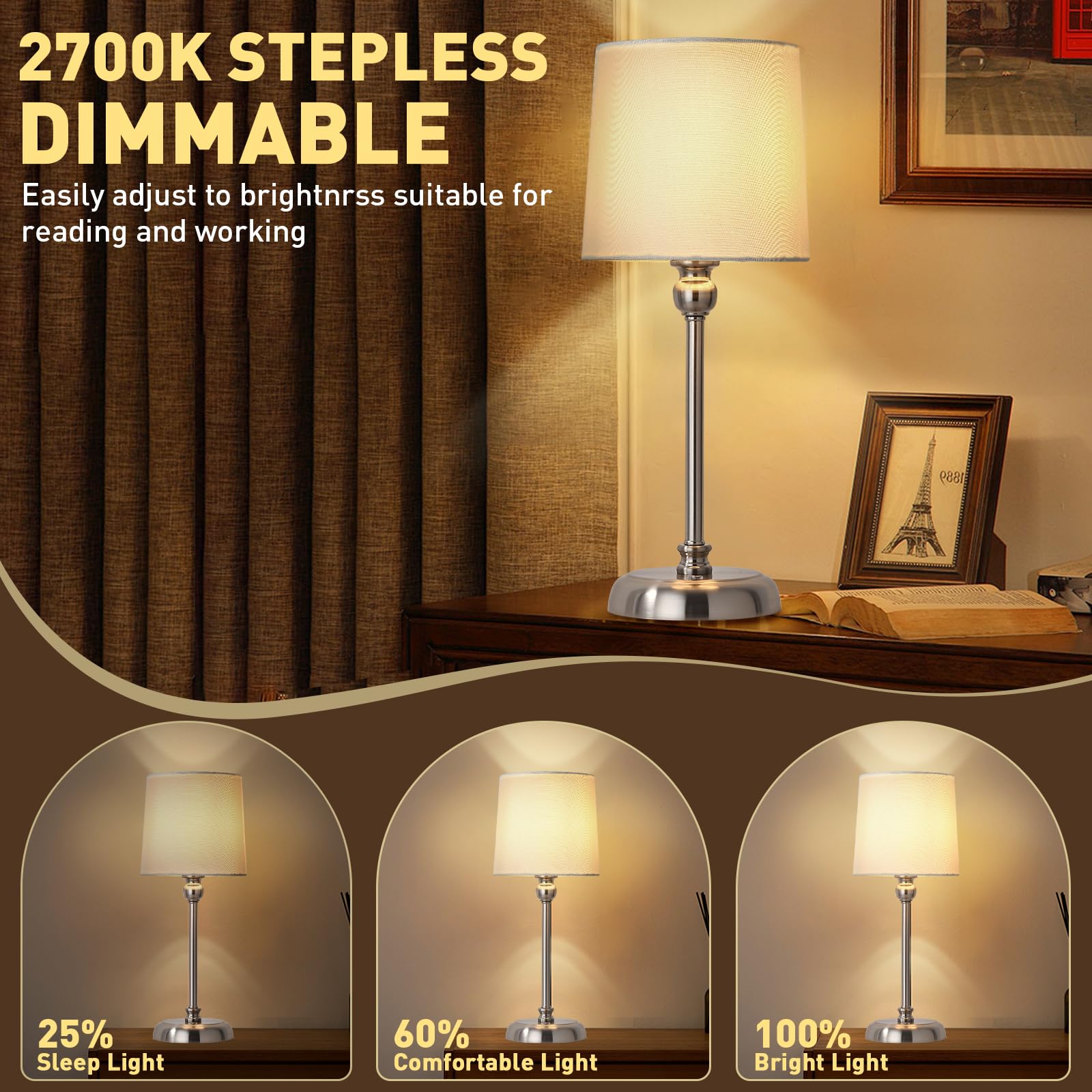 Baizhou Cordless Led Table Lamp, 6000Mah Rechargeable Bedside Small Lamp For Bedroom, Portable Touch Stepless Dimmable Battery Operated Lamp, Ambient Light For Patio Restaurant(Brushed Nickel H)