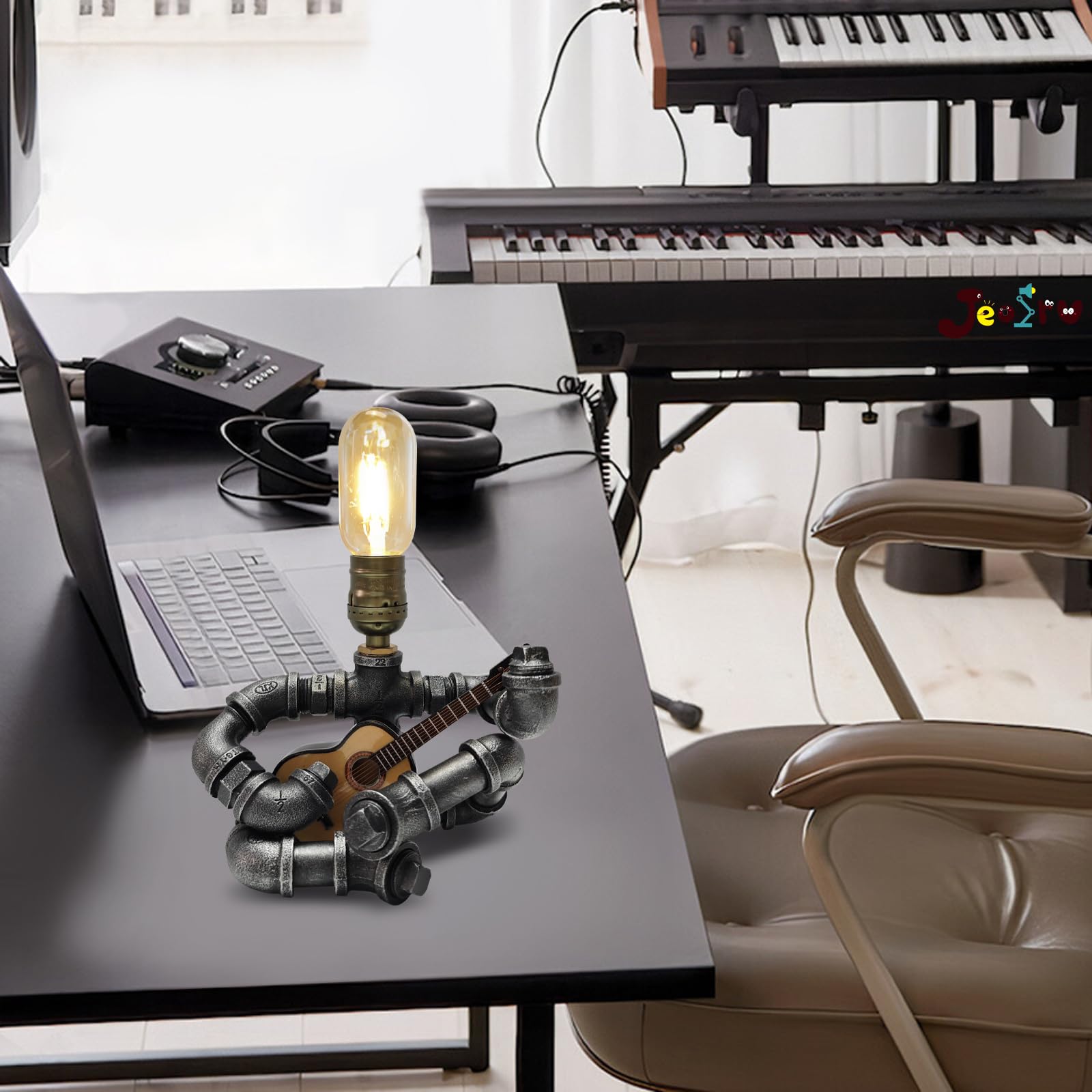 Jeosrv Music Guitar Table Lamp Art Decor Guitar Stuff Cool For Music Art Lovers Microphone Players For Men Steampunk Pipe Man Edison Bulb Lamps Retro Guitars Metal Pipe Industrial Robot Lights