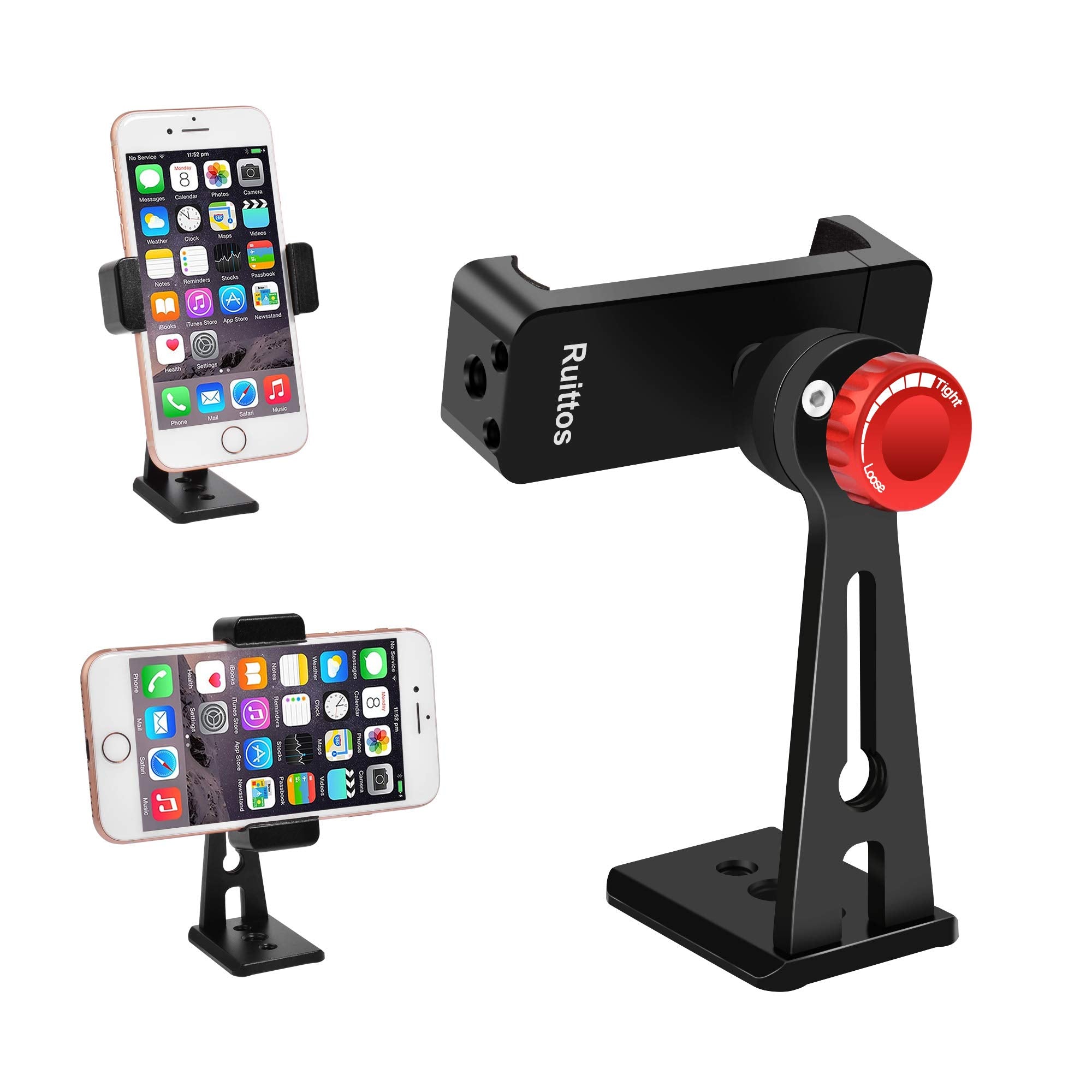 Ruittos Phone Holder For Tripod, Metal Cellphone Tripod Adapter 360 Degree Rotation Vertical Video Smartphone Bracket Clip Compatible With Iphone X Xs Xr 8 Samsung Galaxy S10 S9+ Huawei (Black C18)