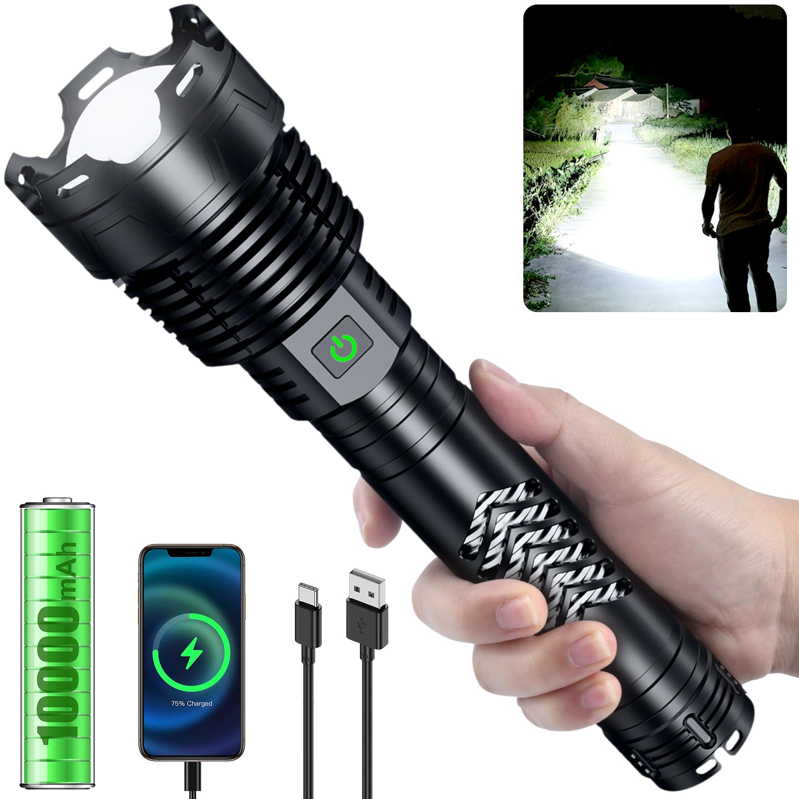 Grentay Rechargeable Led Flashlights 3600.000 High Lumens, Super Bright Flashlight With Input And Output Functions,Utility Flashlight For Camping Home Emergencies (Large, Piece, 1)