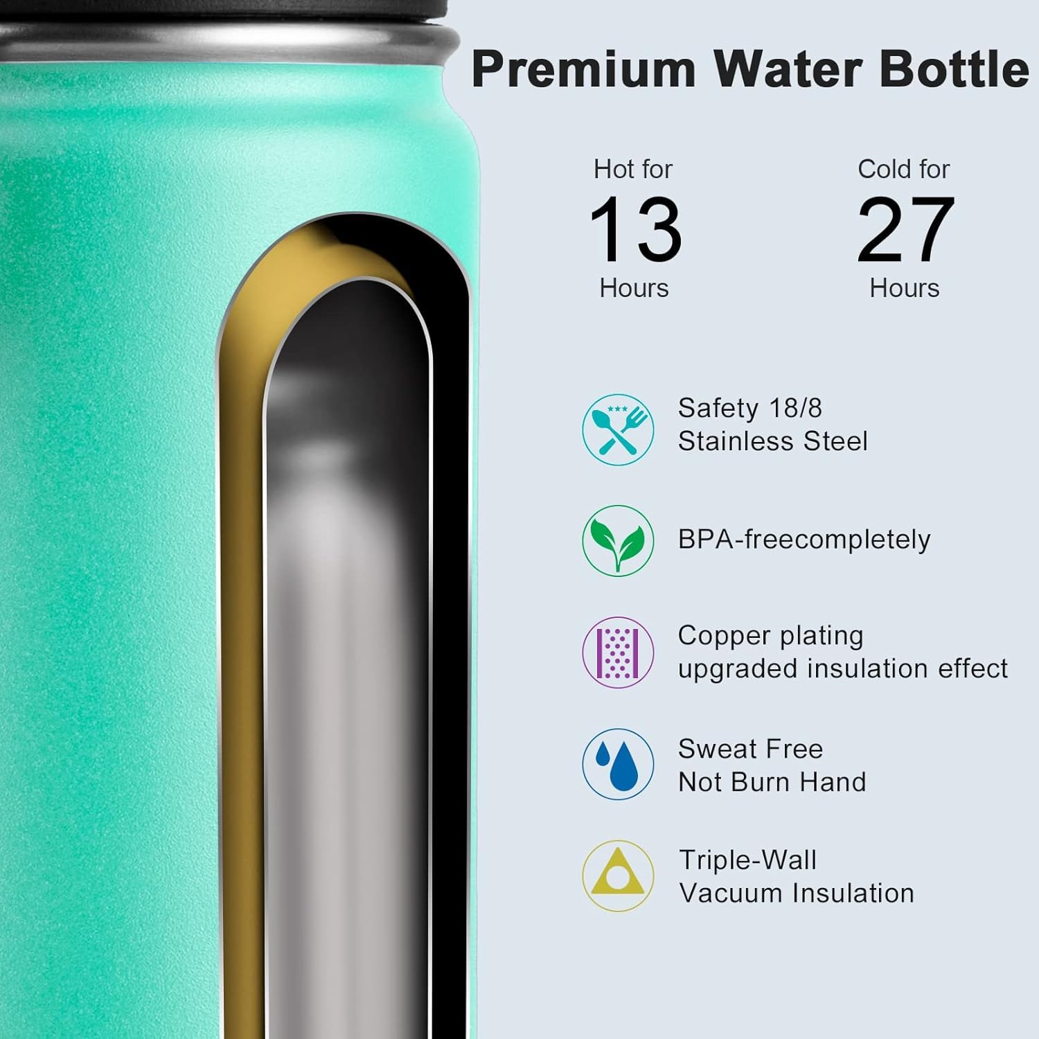 Koodee Water Bottle For School-16 Oz Stainless Steel Triple Wall Vacuum Insulated Water Bottle