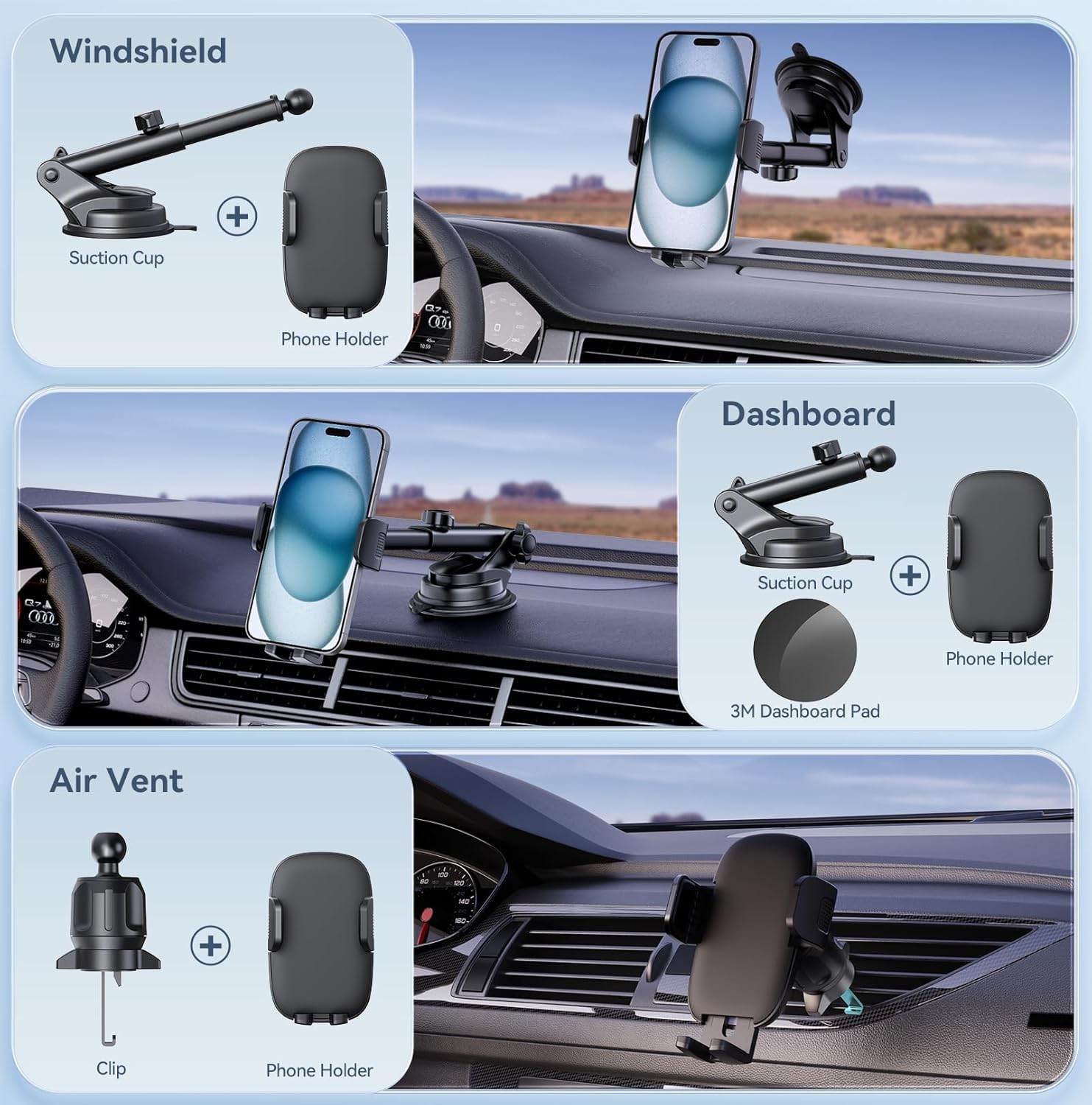 Fesiyoye Phone Holders For Your Car [Ultra-Durable Suction] Cell Phone Car Mount For Dashboard Windshield Air Vent Universal Automotive Accessories Car Mount Cradles Fit For Iphone Android Smartphones