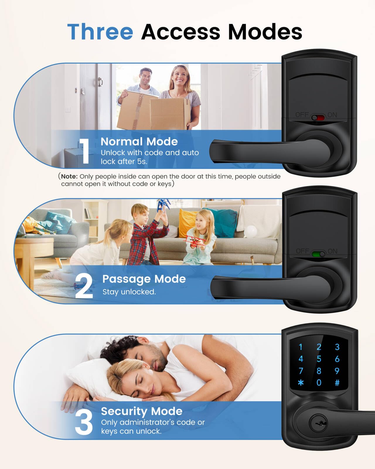 Hidalife Keyless Entry Door Lock, Smart Locks For Front Door, Keypad Door Knob With Handle, Touchscreen, One-Touch Toggle For Passage Mode, Matte Black