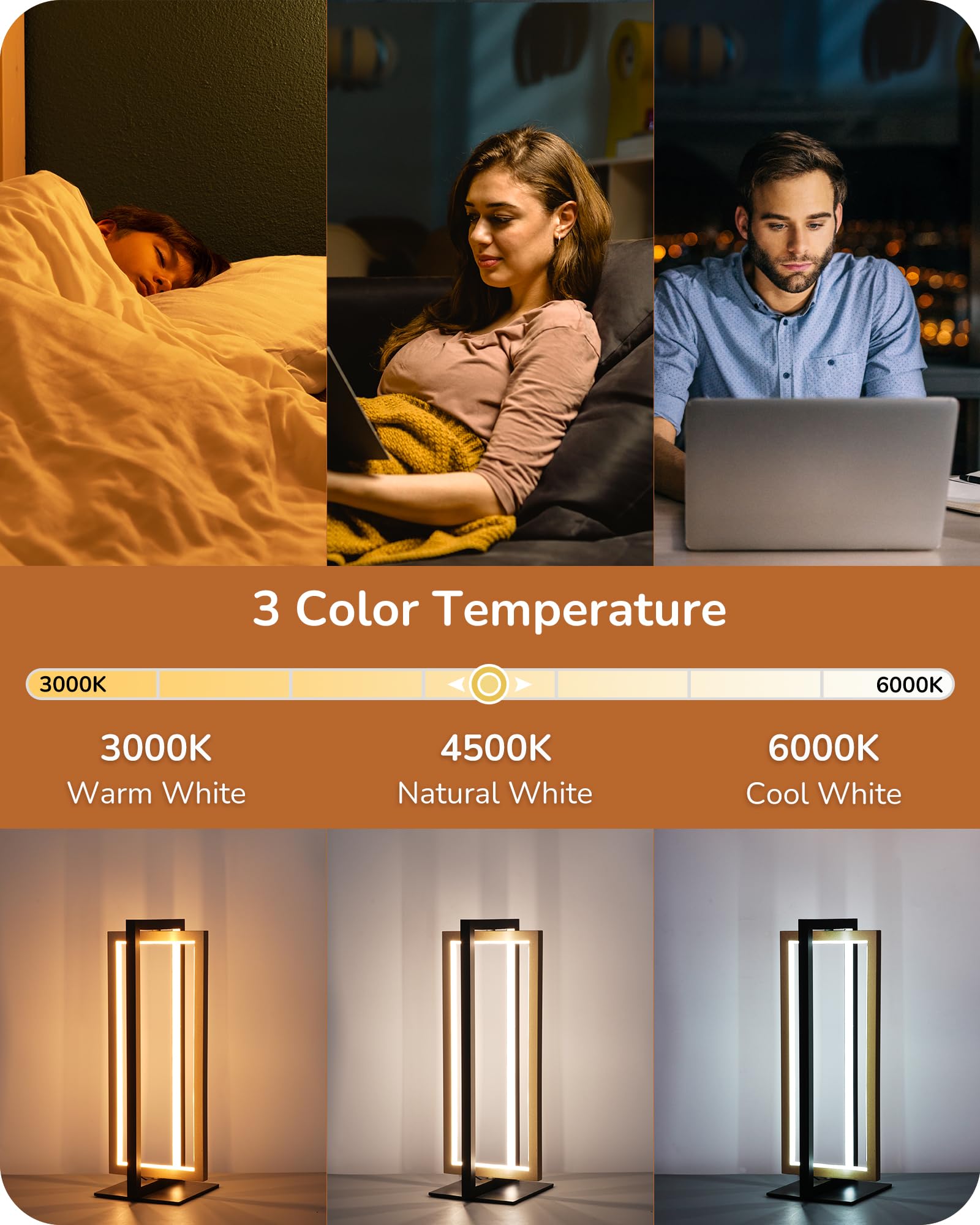 Edishine Led Table Lamp, 3 Color Temperatures Bedside Lamp (3000K 4500K 6000K), Max 750Lm Touch Dimmable Nightstand Lamp For Living Room Bedroom, Angle Adjustable, Dual-Frame Rectangle, 2 Pack